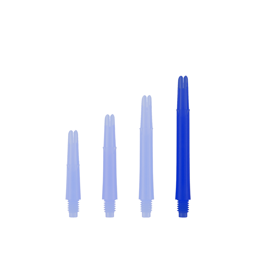 Auf dem Bild sind vier blaue gerade Dartschäfte in unterschiedlichen Längen zu sehen. Sie stehen nebeneinander aufrecht und haben ein Schraubgewinde am unteren Ende.