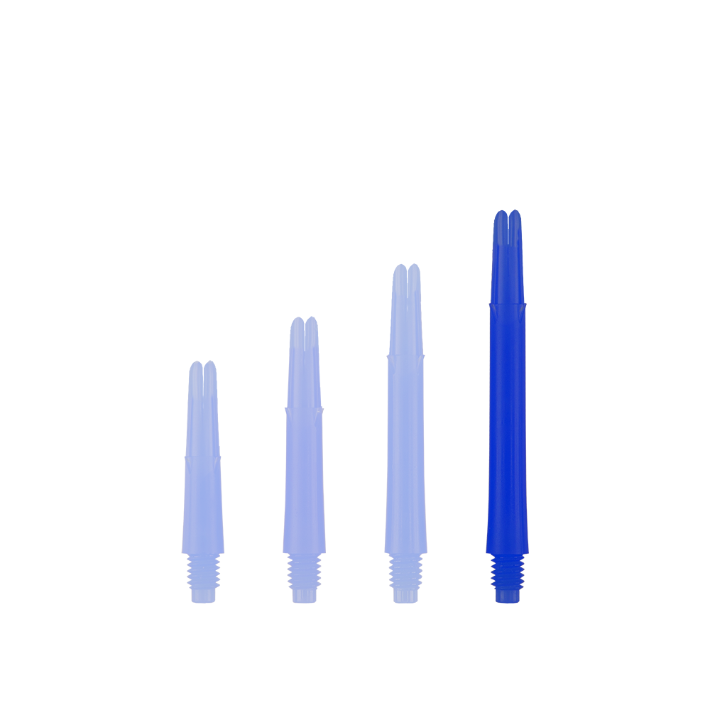 Arbres en L verrouillés droits - Bleus Auf dem Bild sind vier blaue gerade Dartschäfte in unterschiedlichen Längen zu sehen. Sie stehen nebeneinander aufrecht und haben ein Schraubgewinde am unteren Ende.