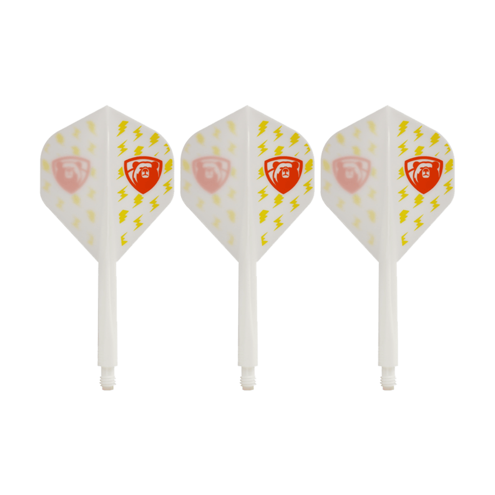 Condor AXE Thunderbolt White Flight-System - Standard Das Bild zeigt drei weiße Dartflights des Condor AXE Thunderbolt White Flight-Systems in Standardform. Die Flights sind mit gelben Blitzen und einem roten Schild-Logo verziert.