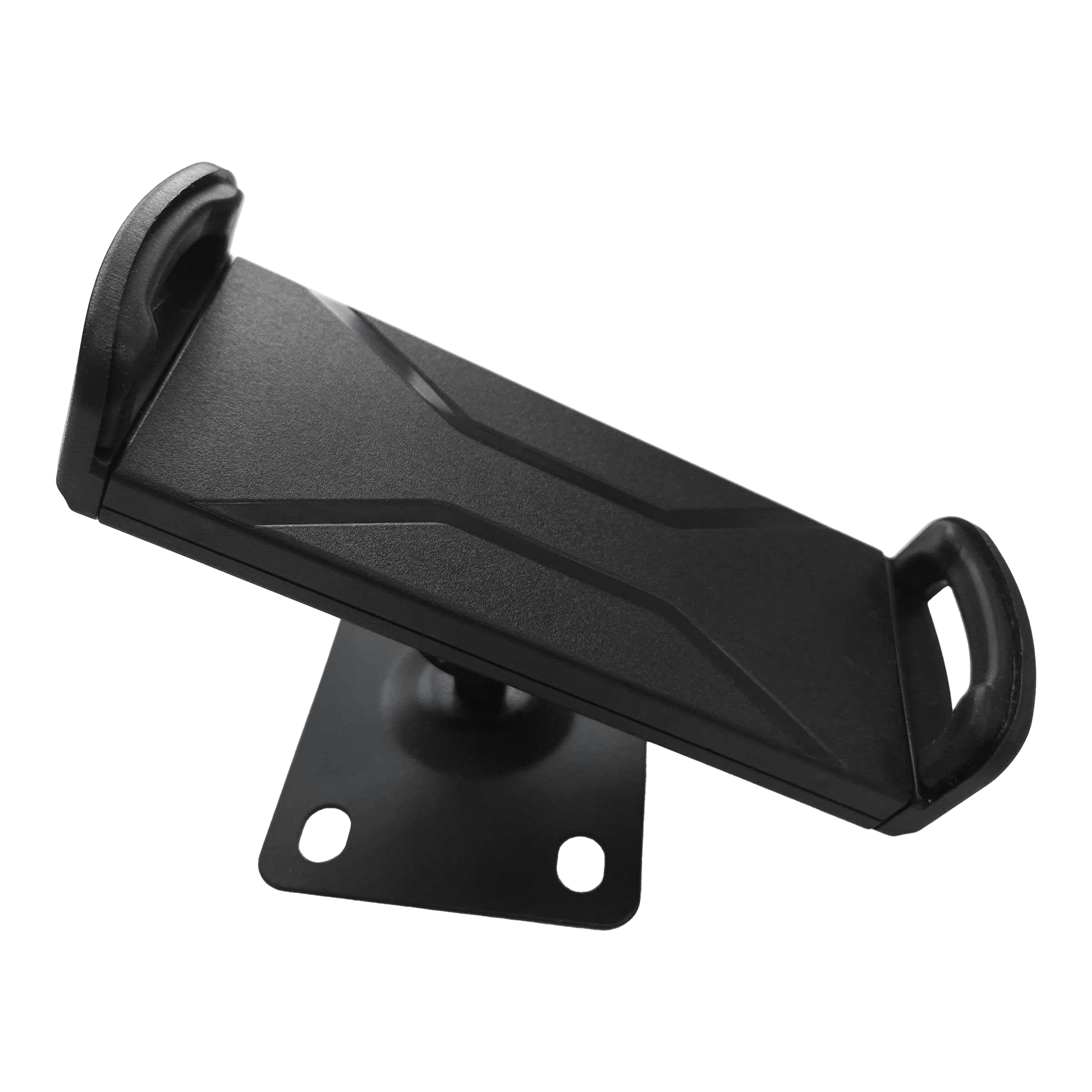 McDart TABSteady Tablet Wandhalterung Das Bild zeigt die McDart TABSteady Tablet Wandhalterung. Die Halterung ist schwarz und hat zwei seitliche Haltearme für ein Tablet.
