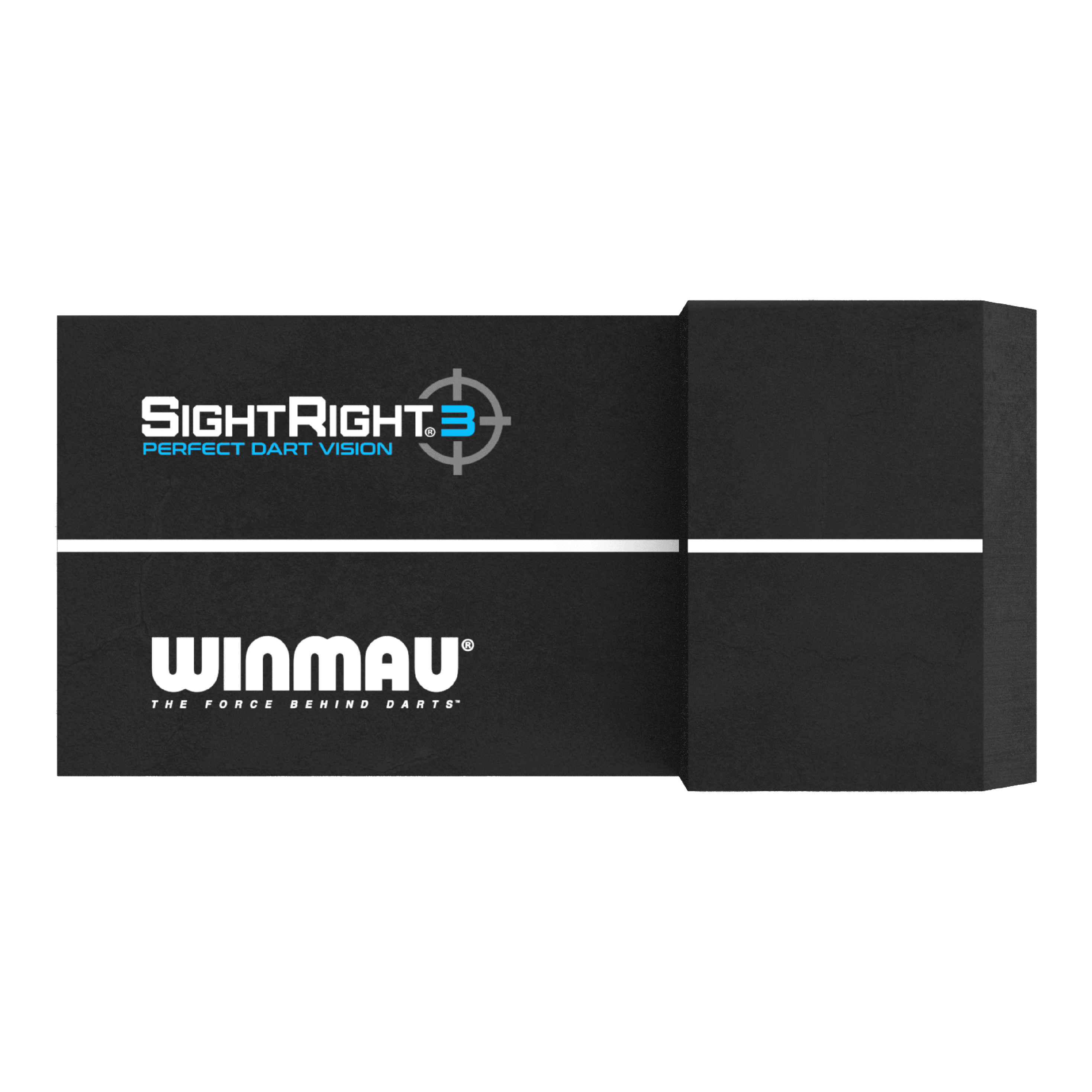 Winmau SightRight 3 - Compact Das Bild zeigt das Produkt "Winmau SightRight 3 - Compact" zur Perfektionierung des Dart-Zielens. Es ist schwarz mit einem weißen Streifen und dem Winmau-Logo darauf.