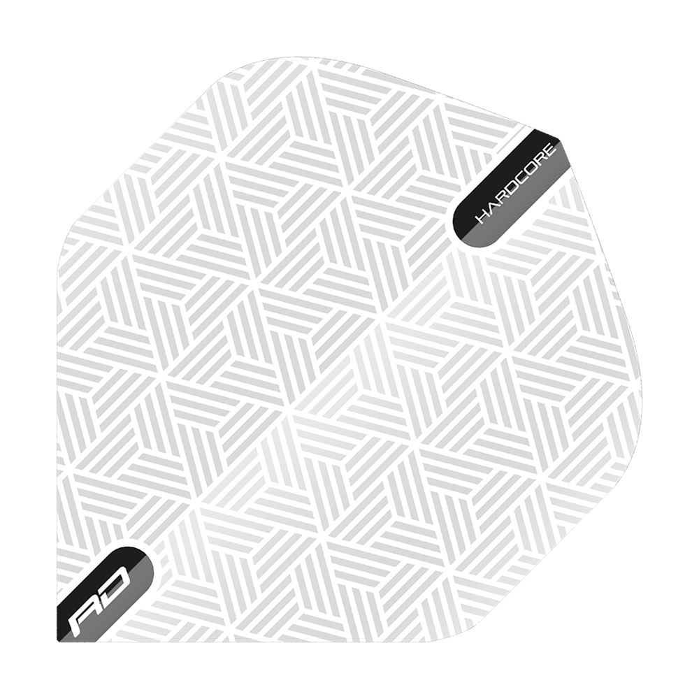 TF6427_Red_Dragon_Hardcore_White_Standard_Flights_12kOb2xIMxk6qJ Das Bild zeigt ein weißes Dartflight mit einem geometrischen Muster. In den Ecken stehen die Wörter "HARDCORE" und "RD".