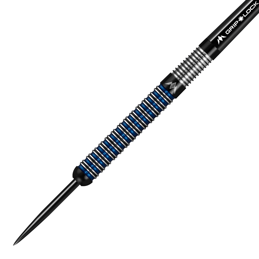 Mission Nightfall Model 1 Steeldarts Das Bild zeigt einen Mission Nightfall Model 1 Steeldart. Der Dart hat ein modernes Design mit silbernen und blauen Ringen am Barrel.