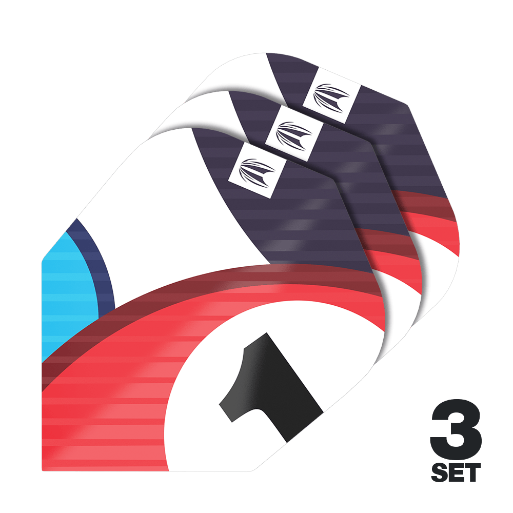 Letenky Target Pro Ultra Chicane Blue No6 – 3 sady Das Bild zeigt drei Sets von Target Pro Ultra Chicane Blue No6 Flights für Darts. Auf den Flights sind rote, blaue und schwarze Designelemente sowie die Zahl 1 zu sehen.