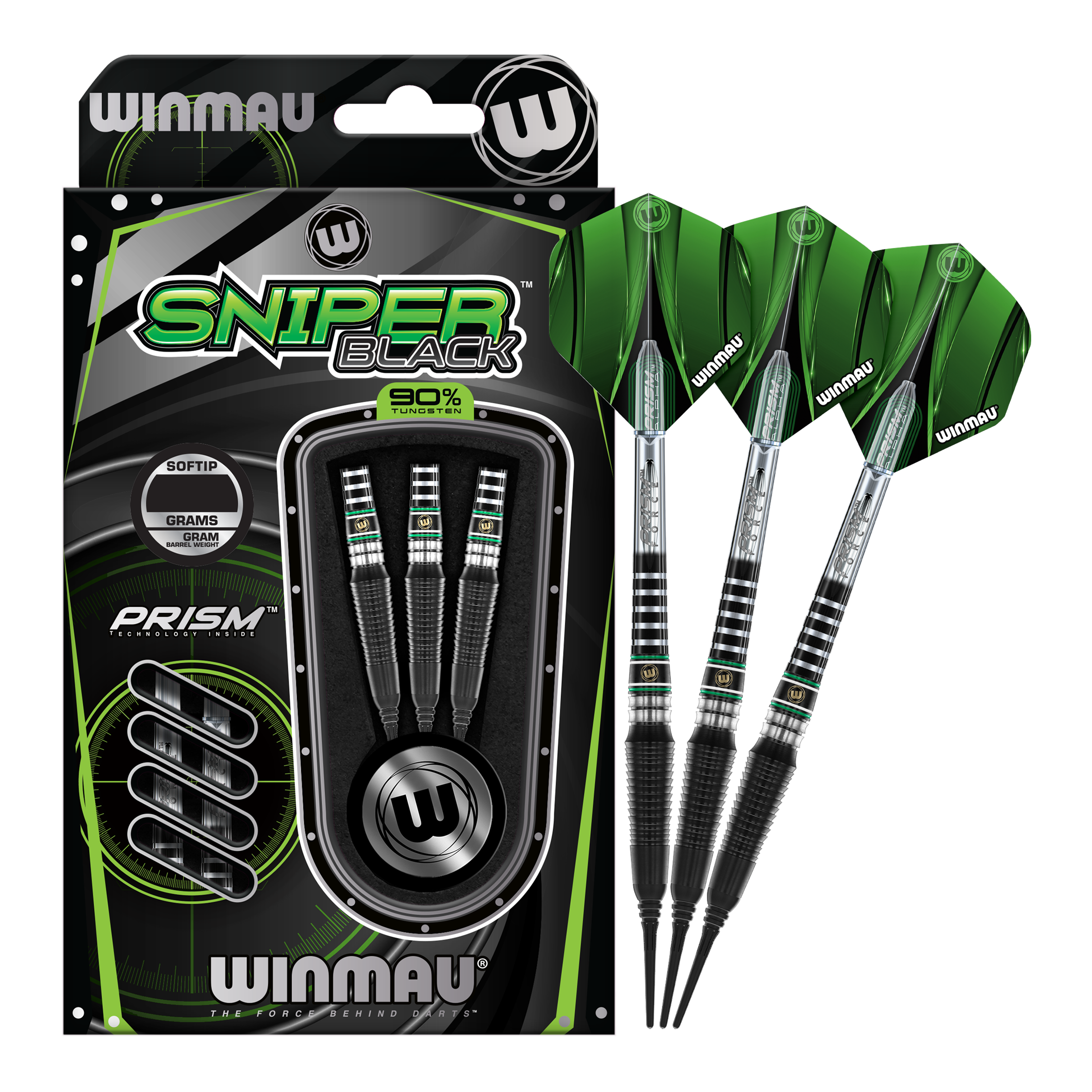 Měkké šipky Winmau Sniper Black 2025 - 20g Das Bild fokussiert einen einzelnen Winmau Sniper Black 2025 Softdart - 20g. Schwarz glänzende Oberfläche.