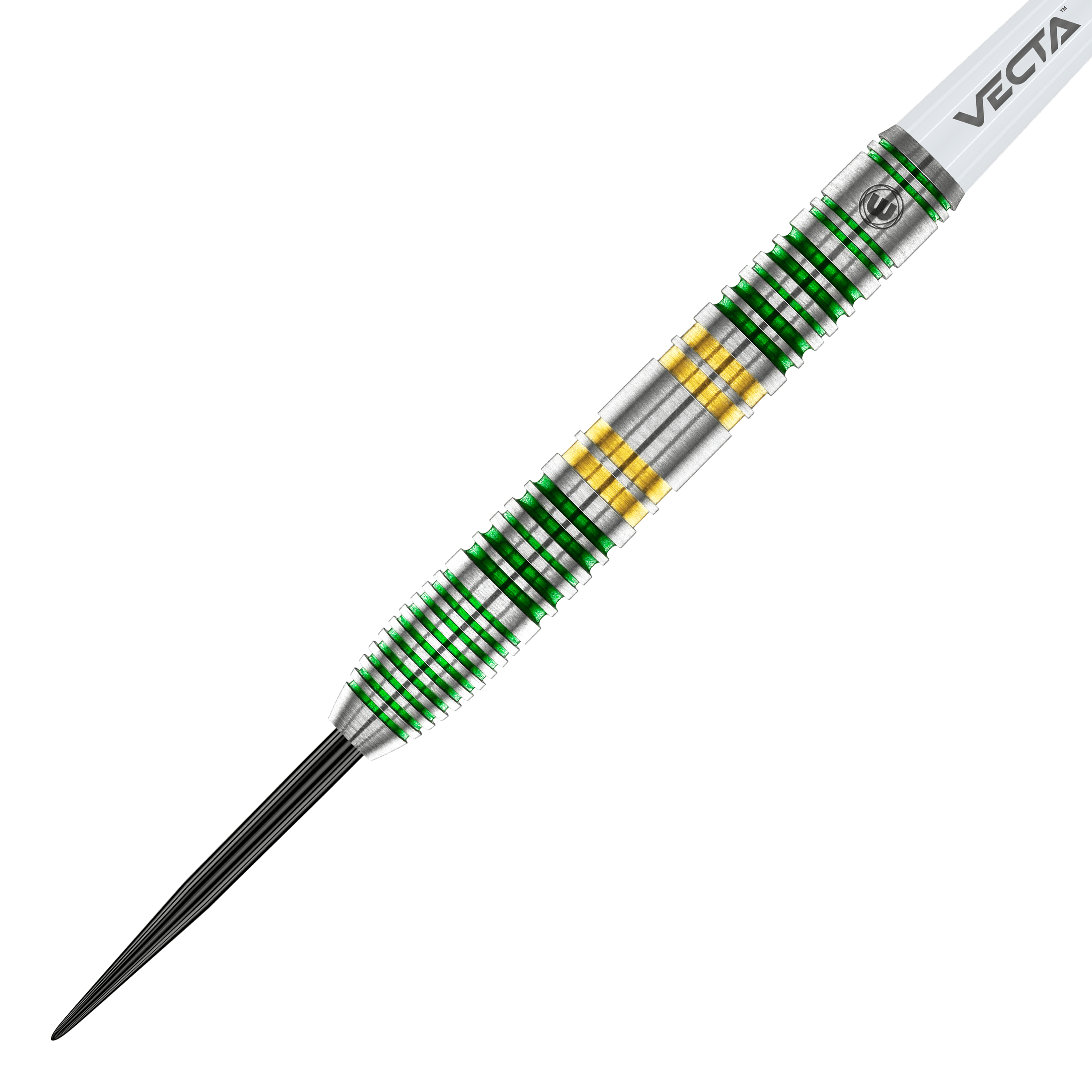 Freccette in acciaio Winmau Xenon Das Bild zeigt einen Winmau Xenon Steeldart. Der Dartpfeil hat ein silbernes Griffstück mit grünen und goldenen Ringen.