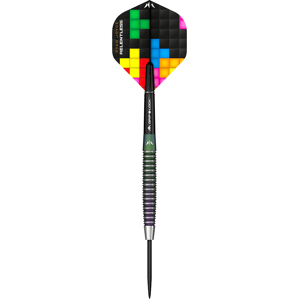 M001074_Mission_Ryan_Joyce_Relentless_Steeldarts_1Rr19fbaxU4zzN Der Mission Ryan Joyce Relentless Steeldart hat einen schwarzen Schaft und eine bunte Flights-Spitze mit Pixelmuster. Der Dart wirkt hochwertig und ist für professionelle Darts-Spiele geeignet.