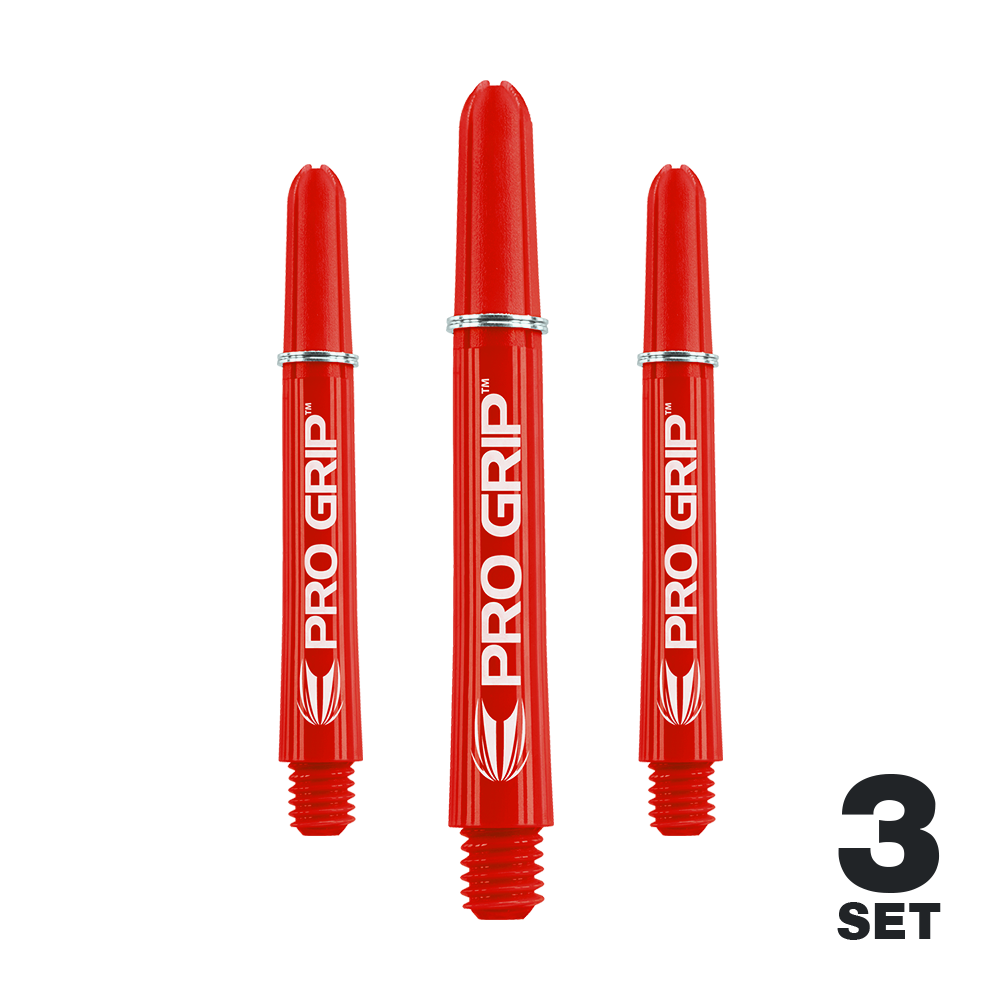 Target Pro Grip Shafts - 3 Sets - Red Auf dem Bild sind drei rote PRO GRIP Shafts für Darts zu sehen. Unten rechts steht "3 SET," was darauf hinweist, dass es sich um ein Set mit drei Stück handelt.