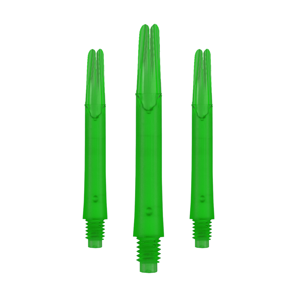 L-L-Style-Shafts Locked Straight - Green Auf dem Bild sind drei gerade, grüne Dartshafts ohne Kappen zu sehen. Sie stehen nebeneinander und haben ein Schraubgewinde am unteren Ende.