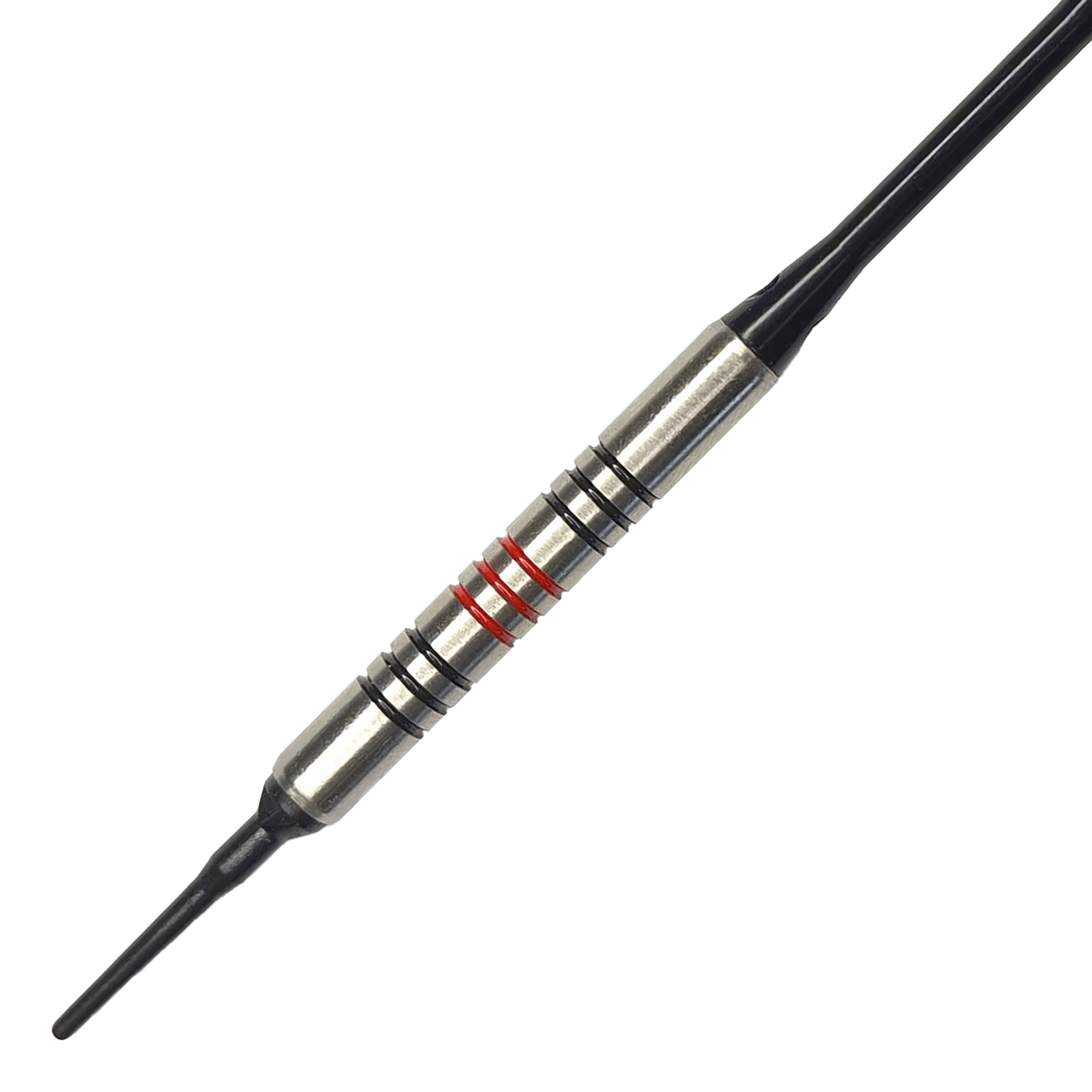 Dardos blandos McDart 85 Tungsten V11 - 17,5 g Dies ist ein McDart 85er Tungsten V11 Softdart mit einem Gewicht von 17,5g. Der Dart hat einen silbernen Körper mit schwarzen und roten Ringen.