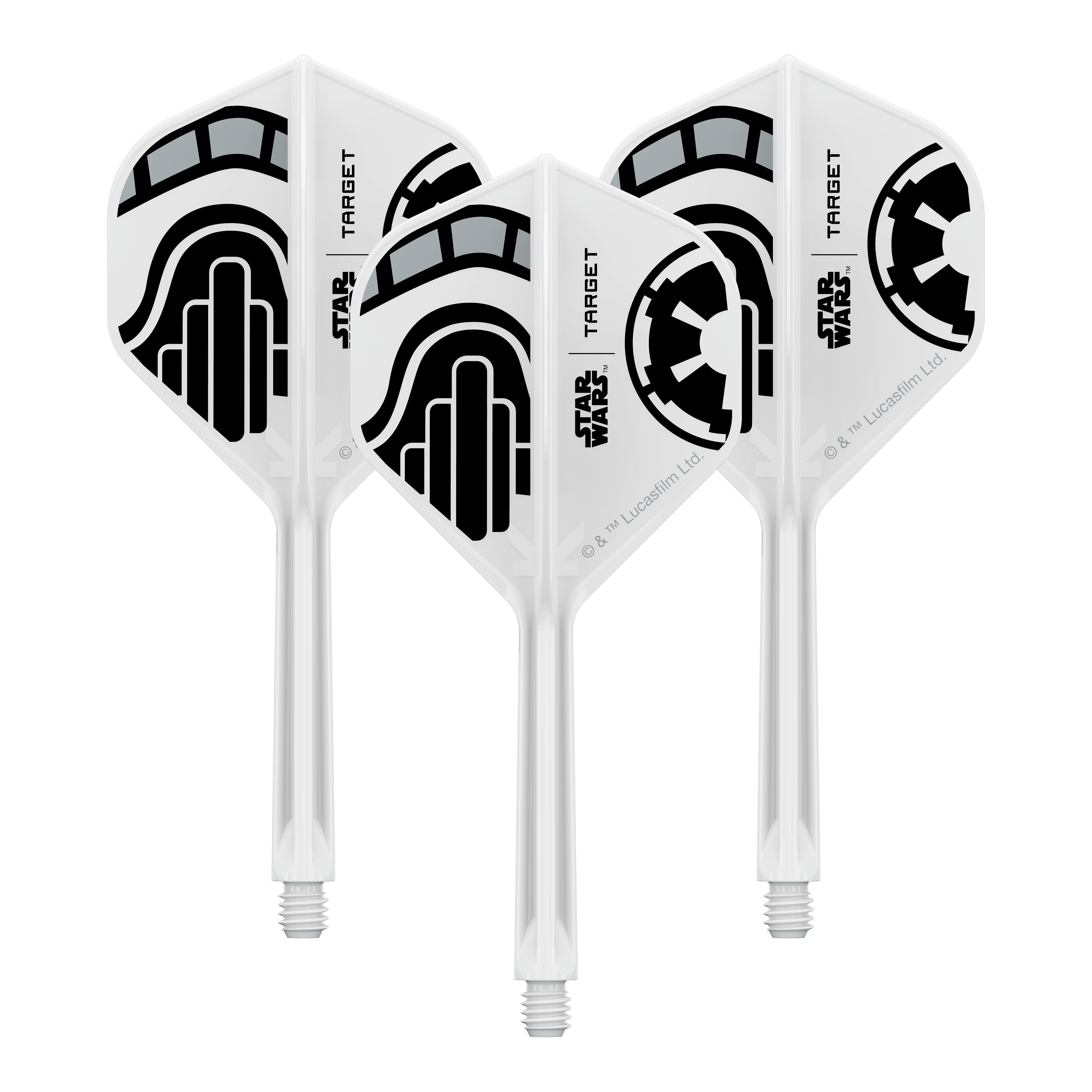 Das Bild zeigt ein Set von Dart-Flights der Star Wars KFlex Stormtrooper No2 Standard Serie. Diese Version ist medium und hat eine Länge von 33 mm.