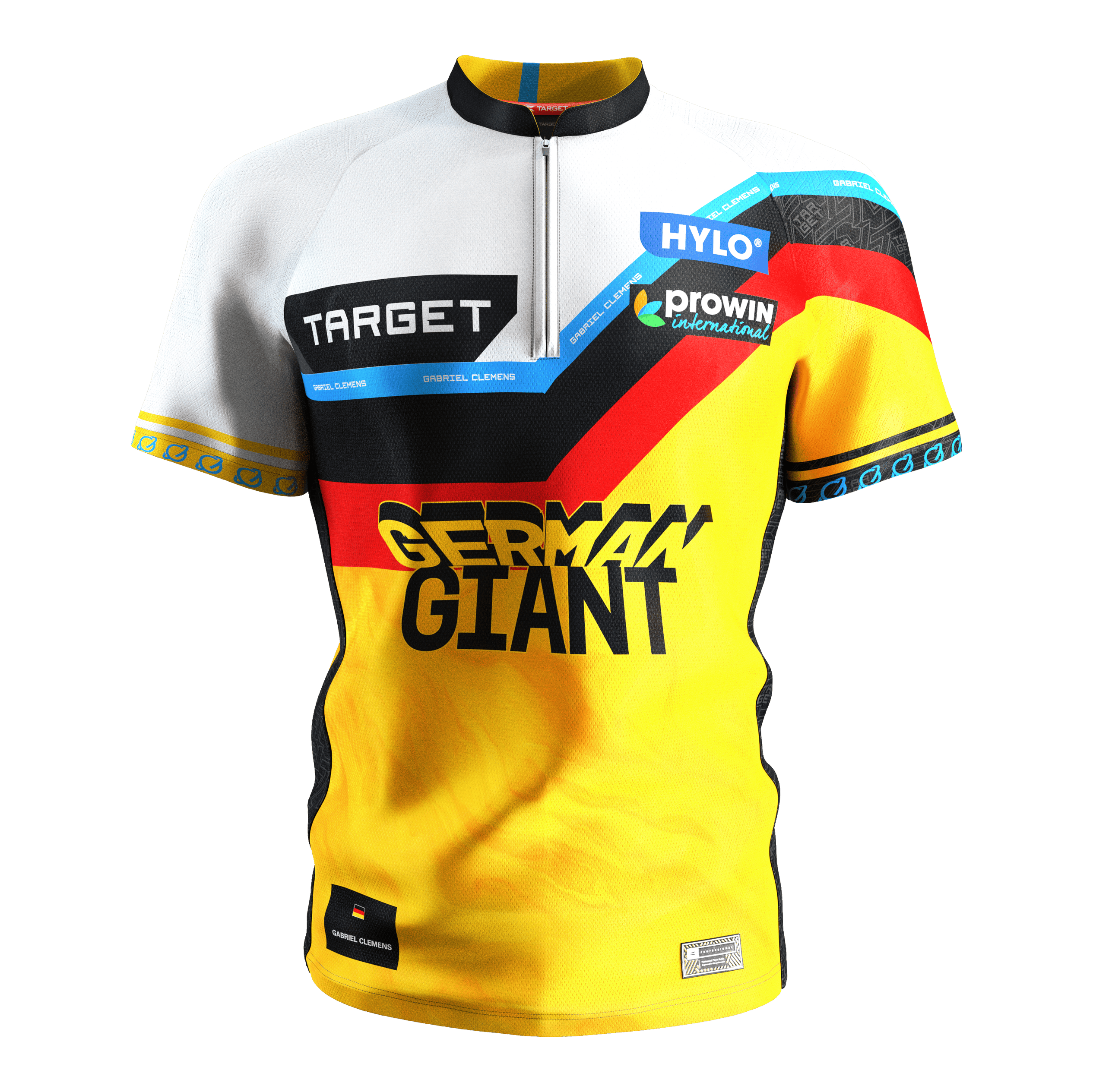 Koszulka do darta Target Coolplay Gabriel Clemens 2025 Das Bild zeigt das Target Coolplay Gabriel Clemens 2025 Dartshirt. Das Trikot ist gelb, schwarz, rot und weiß und trägt die Aufschrift "GERMAN GIANT" auf der Vorderseite.