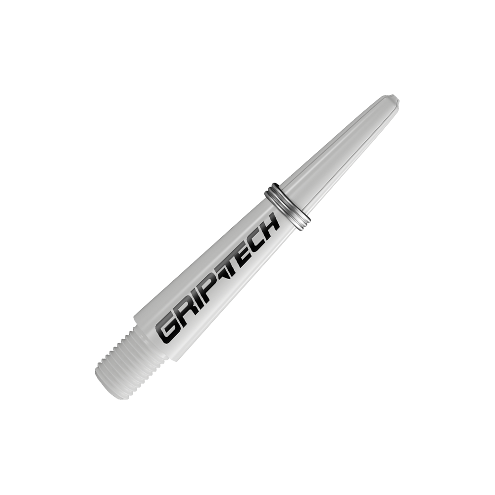 Alberi GOAT Griptech - Bianco Das Bild zeigt einen weißen Dart-Schaft mit der Aufschrift "GRIPTECH". Der Schaft hat ein Gewinde an einem Ende und einen silbernen Ring in der Mitte.