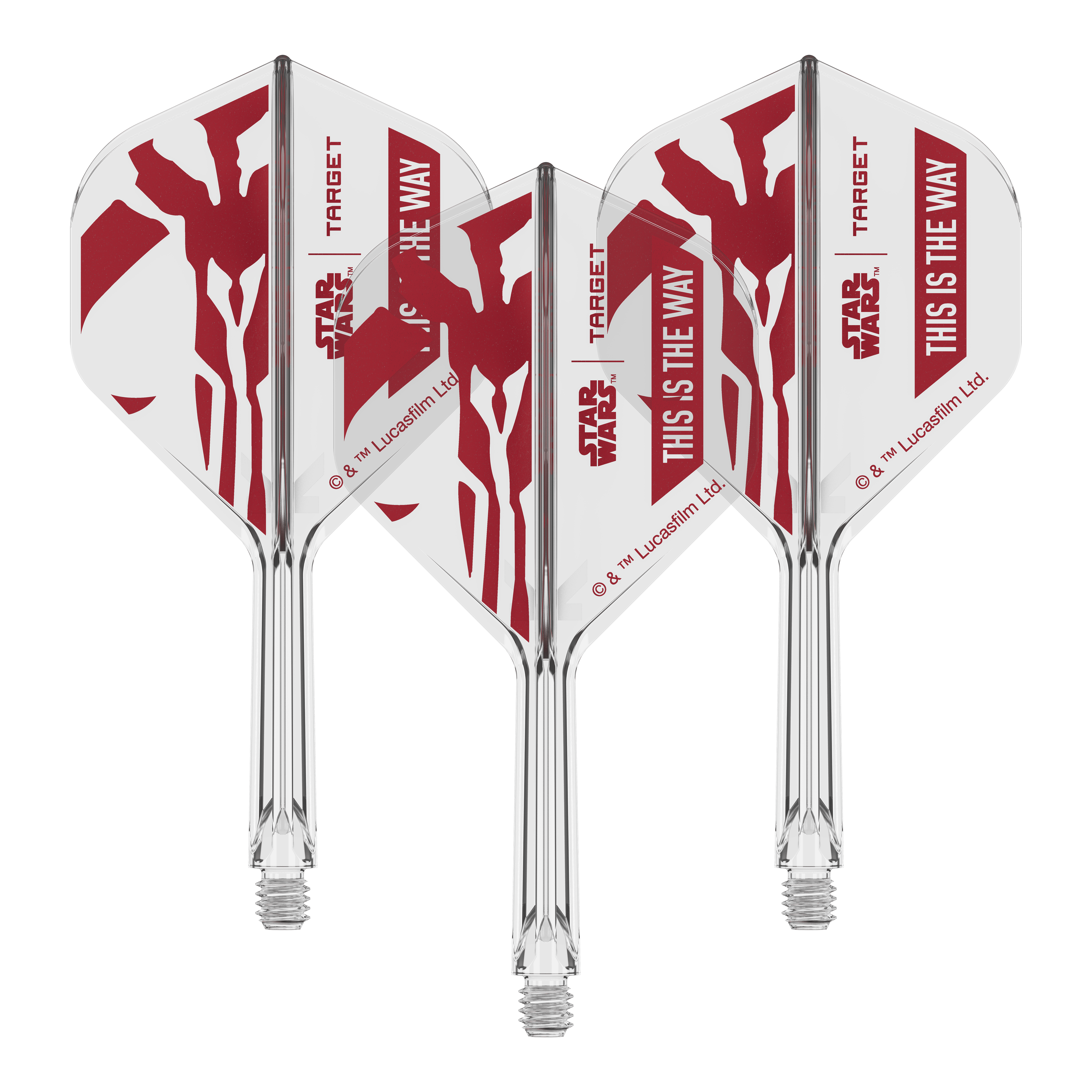 Target Star Wars K-Flex-Set Mandalorian No2 Standard Flights Gezeigt wird das Produkt mit dem Dateinamen 410621_Target_StarWars_K-Flex_ThisIsTheWay_No2_Standard_Flights_26mm_2b. Das Motiv scheint an den Star Wars Spruch 'This is the Way' angelehnt zu sein.