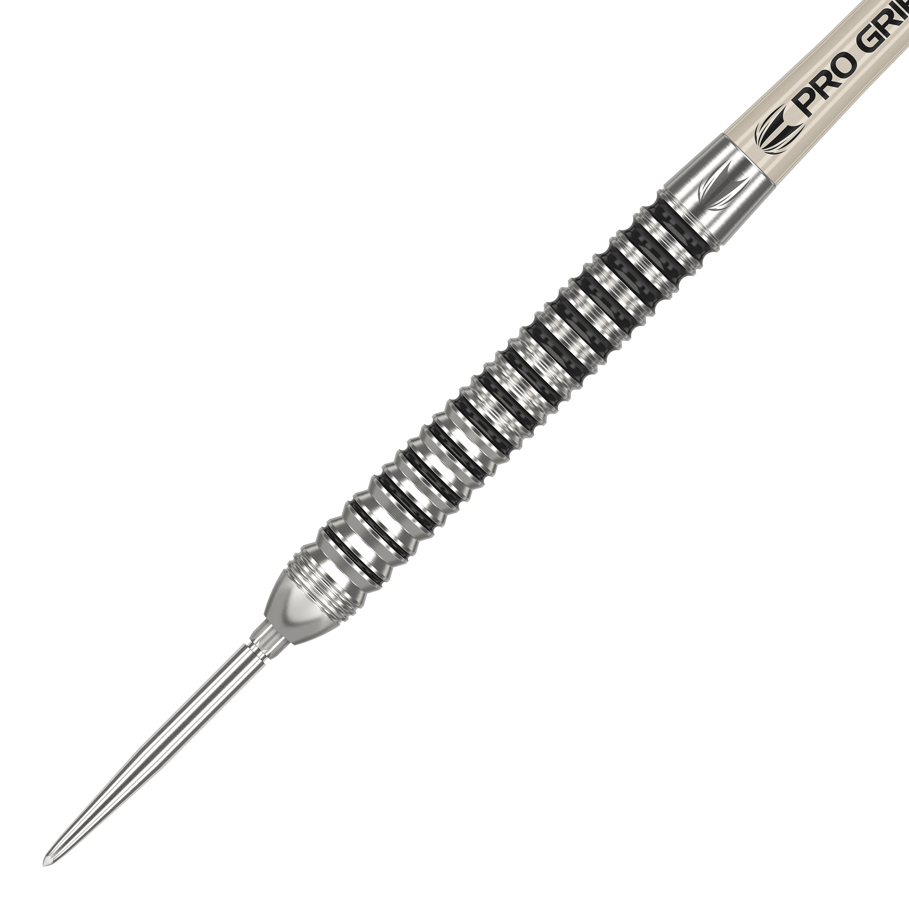 Dardos de acero Target EXO SP01 Swiss Point Das Bild zeigt einen Target EXO SP01 Swiss Point Steeldart. Der Dart hat ein silbernes, geriffeltes Barrel und eine spitze Stahlspitze.