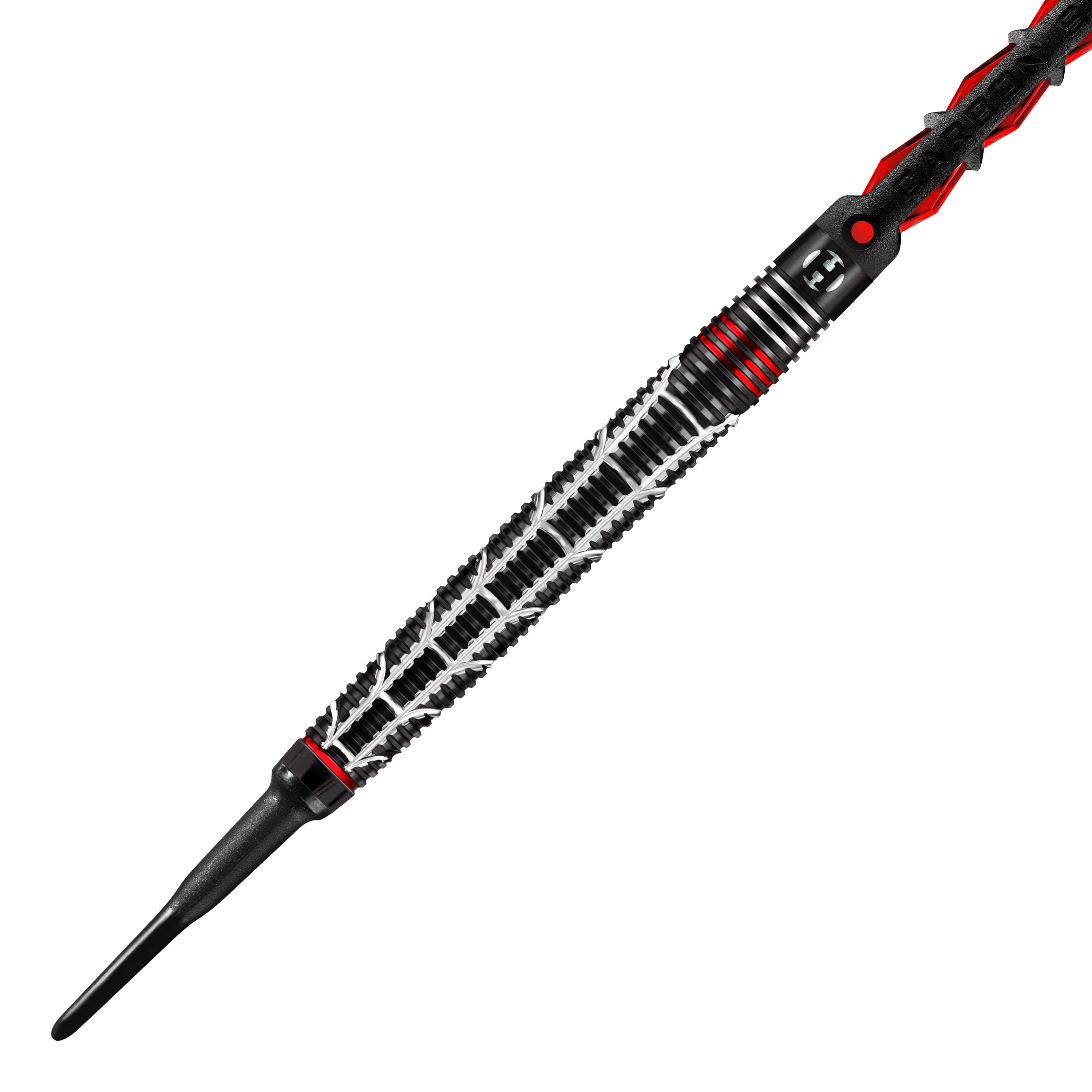Fléchettes souples Harrows Atrax Auf dem Bild ist ein Softdart-Pfeil mit einem auffällig gemusterten, schwarzen Griff zu sehen. Der Dart hat silberne und rote Akzente, die ihm ein modernes und sportliches Aussehen verleihen.