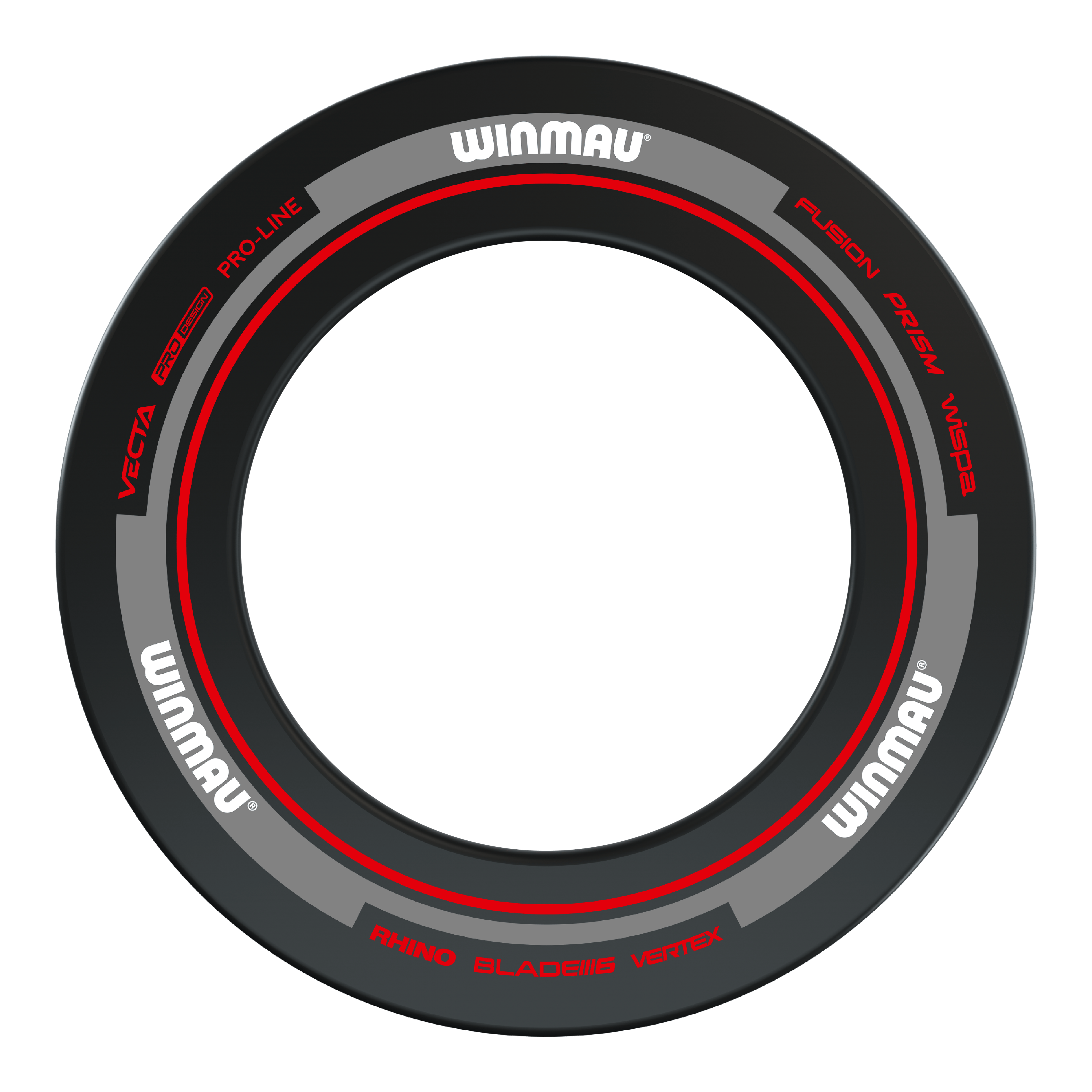 Marco para diana Winmau Advance - Negro Rojo Das Bild zeigt das Winmau Advance Dartboard Surround in Schwarz und Rot. Der Ring ist mit verschiedenen Markierungen und dem Winmau-Logo versehen.