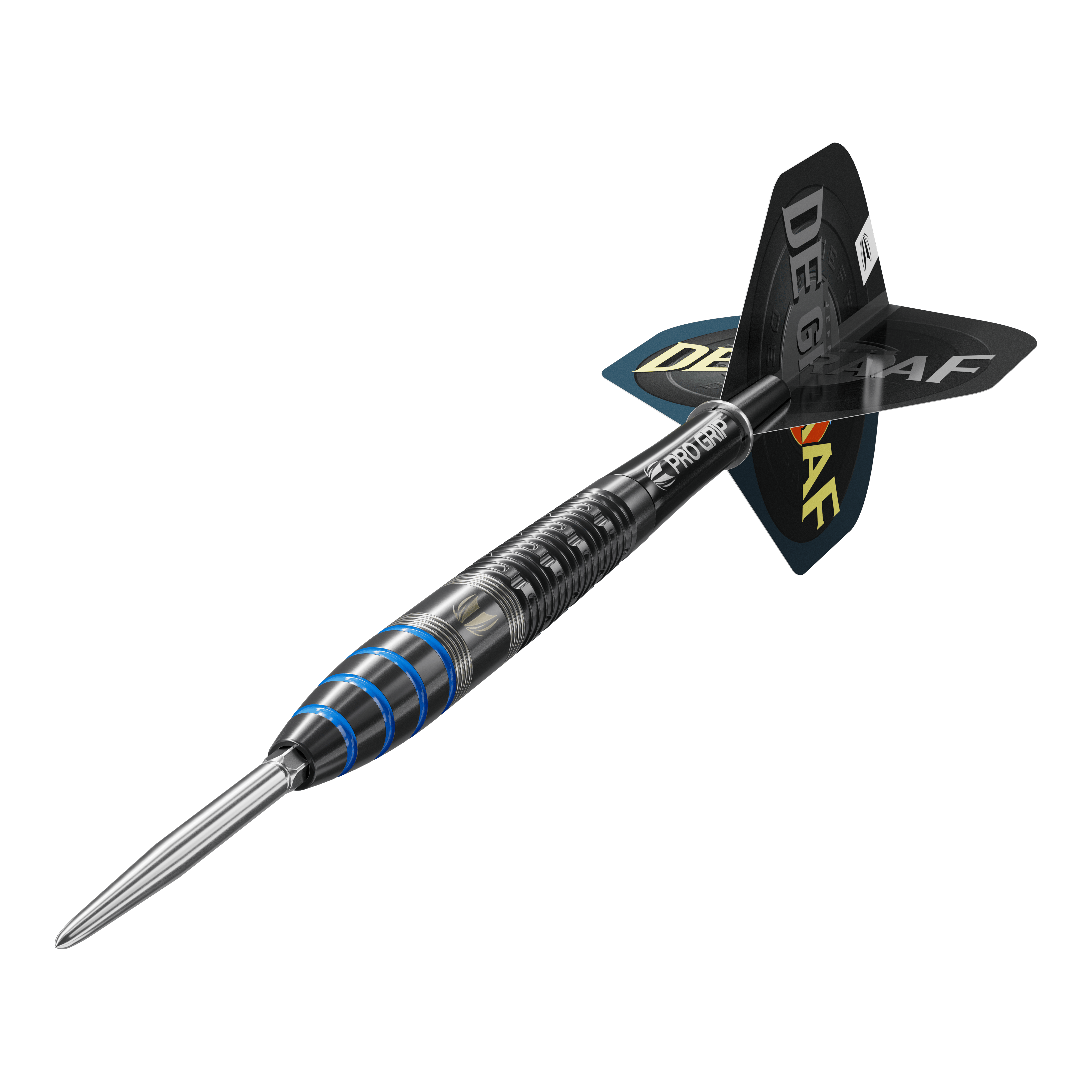 Target Jeffrey De Graaf GEN1 Swiss Point Steeldarts - 23g Das Bild zeigt einen Target Jeffrey De Graaf GEN1 Swiss Point Steeldart mit einem Gewicht von 23 Gramm. Der Dart hat ein schwarzes Design mit blauen Akzenten und der Aufschrift "DE GRAAF" auf den Flights.