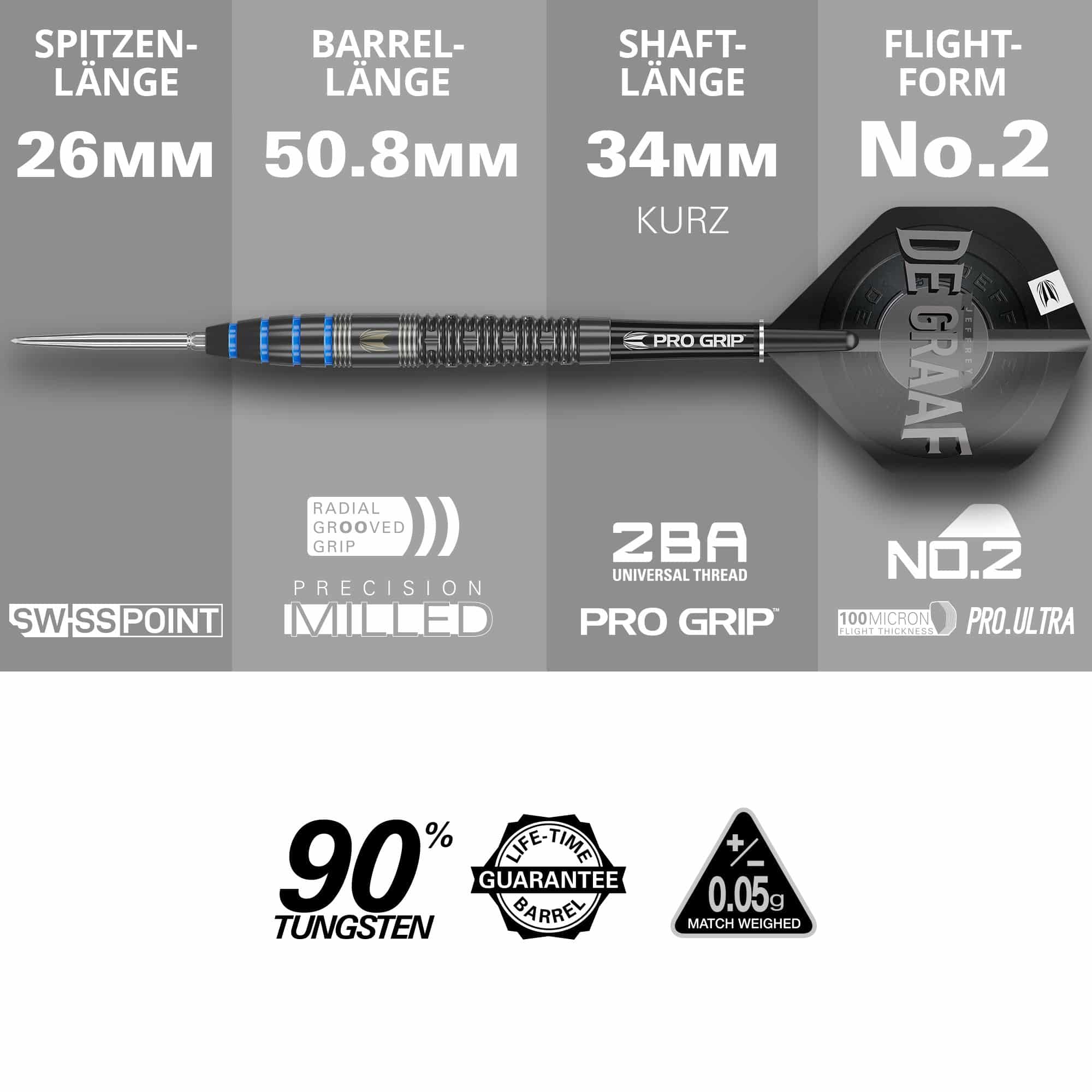 Target Jeffrey De Graaf GEN1 Swiss Point Steeldarts - 23g Das Bild zeigt den Steeldart "Target Jeffrey De Graaf GEN1 Swiss Point" mit 23g Gewicht. Die wichtigsten Merkmale sind eine Spitzenlänge von 26 mm, eine Barrelinglänge von 50,8 mm, eine Schaftlänge von 34 mm sowie Flights in der Form No.2.