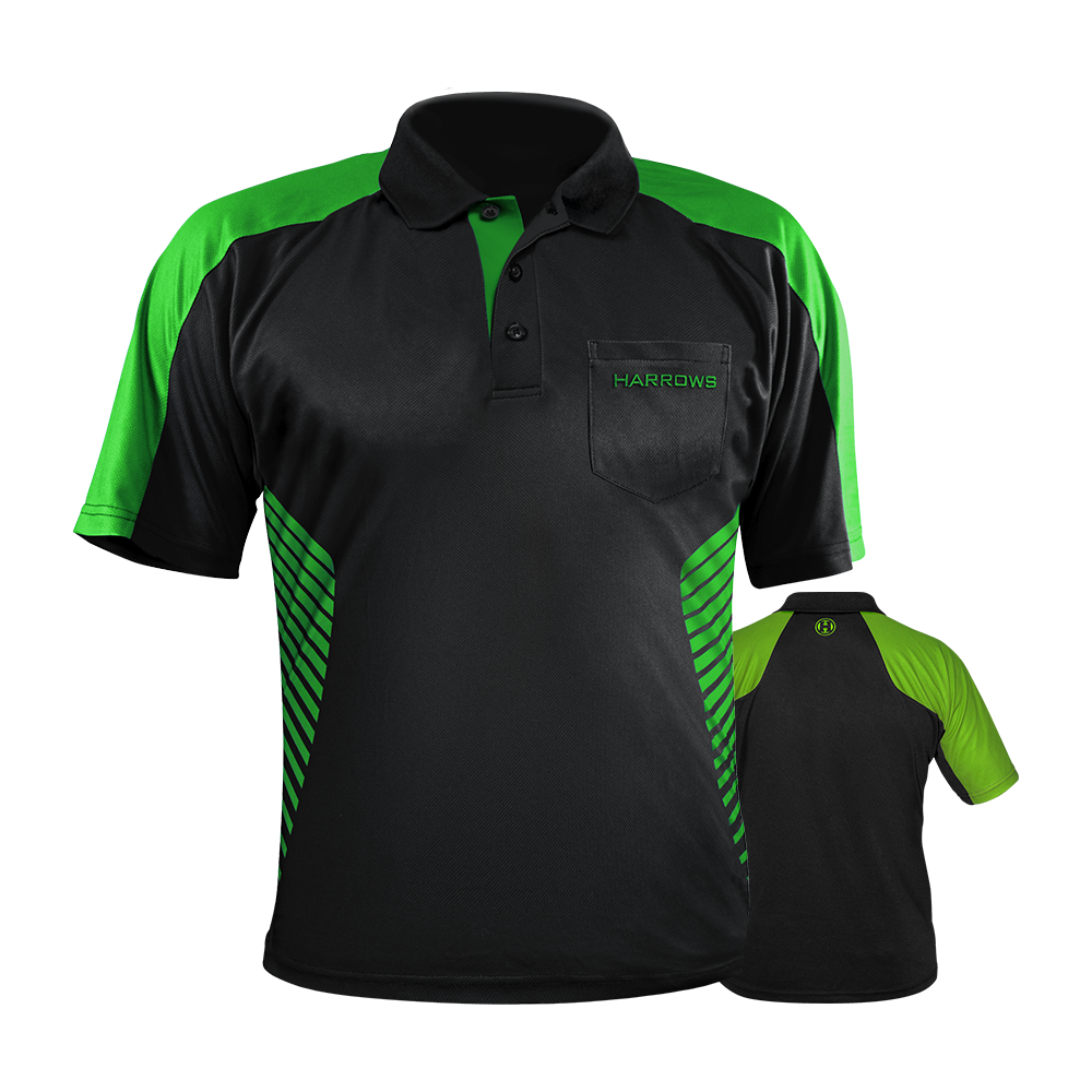 HRS-17492_Harrows_Vivid_Dartshirt_Black_Green_0 Harrows Vivid Dartshirt Black/Farbig liegt flach und frontal. Die Details des Shirts kommen klar zur Geltung.