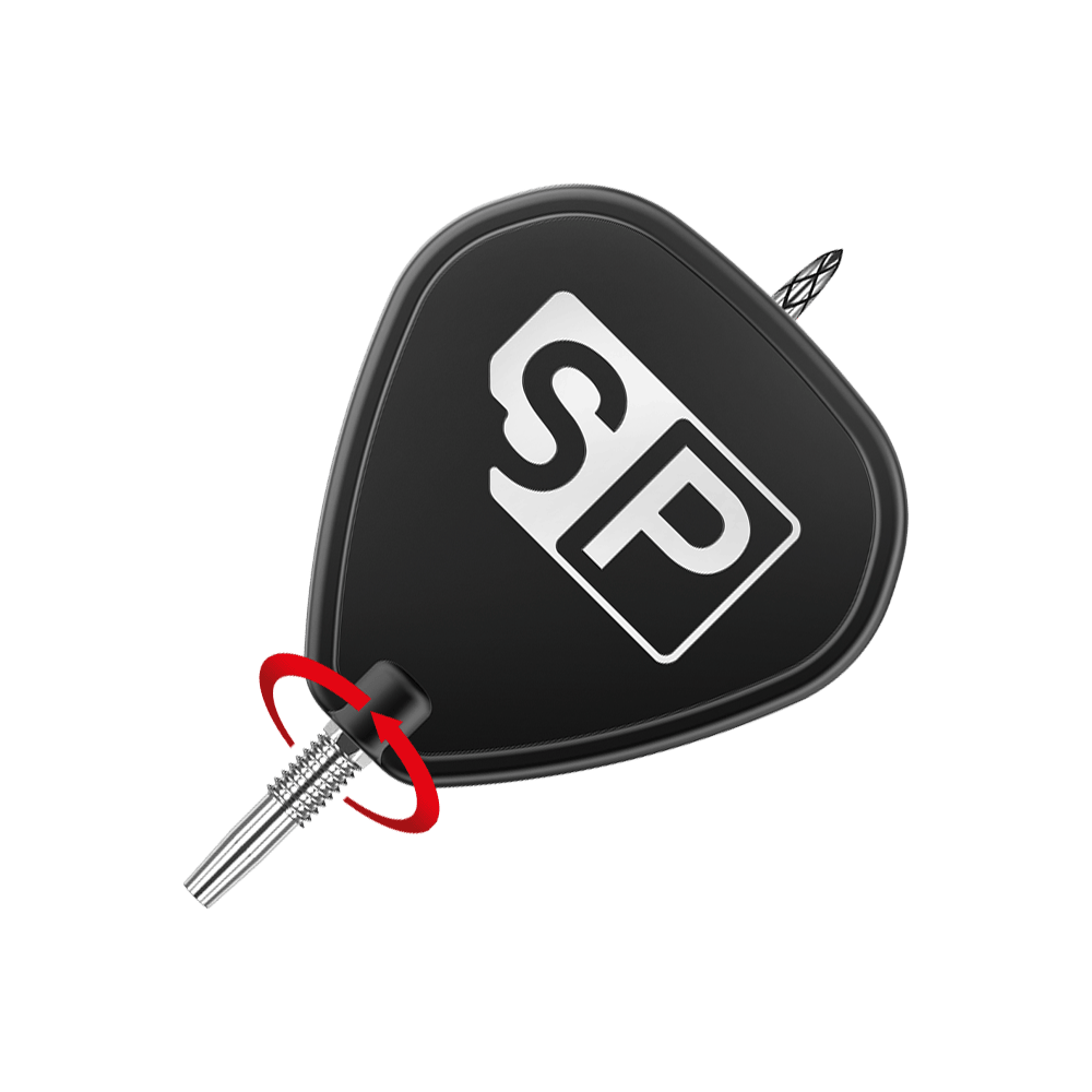 Target Swiss DS Surge Point Dart Tips - Silver Das Bild zeigt die Spitze eines Dartpfeils mit einem schwarzen Flight, auf dem die Buchstaben "SP" in Weiß abgebildet sind. Ein roter Pfeil weist auf den Befestigungspunkt der Spitze hin.