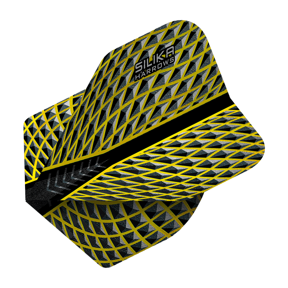 HR88_Harrows_Silika_Yellow_No2_Standard_Flights_2 Das Bild zeigt das Produkt "Harrows Silika Yellow No2 Standard Flights". Das Flight hat ein auffälliges gelb-schwarzes Rautenmuster und trägt den Schriftzug "Silika Harrows".