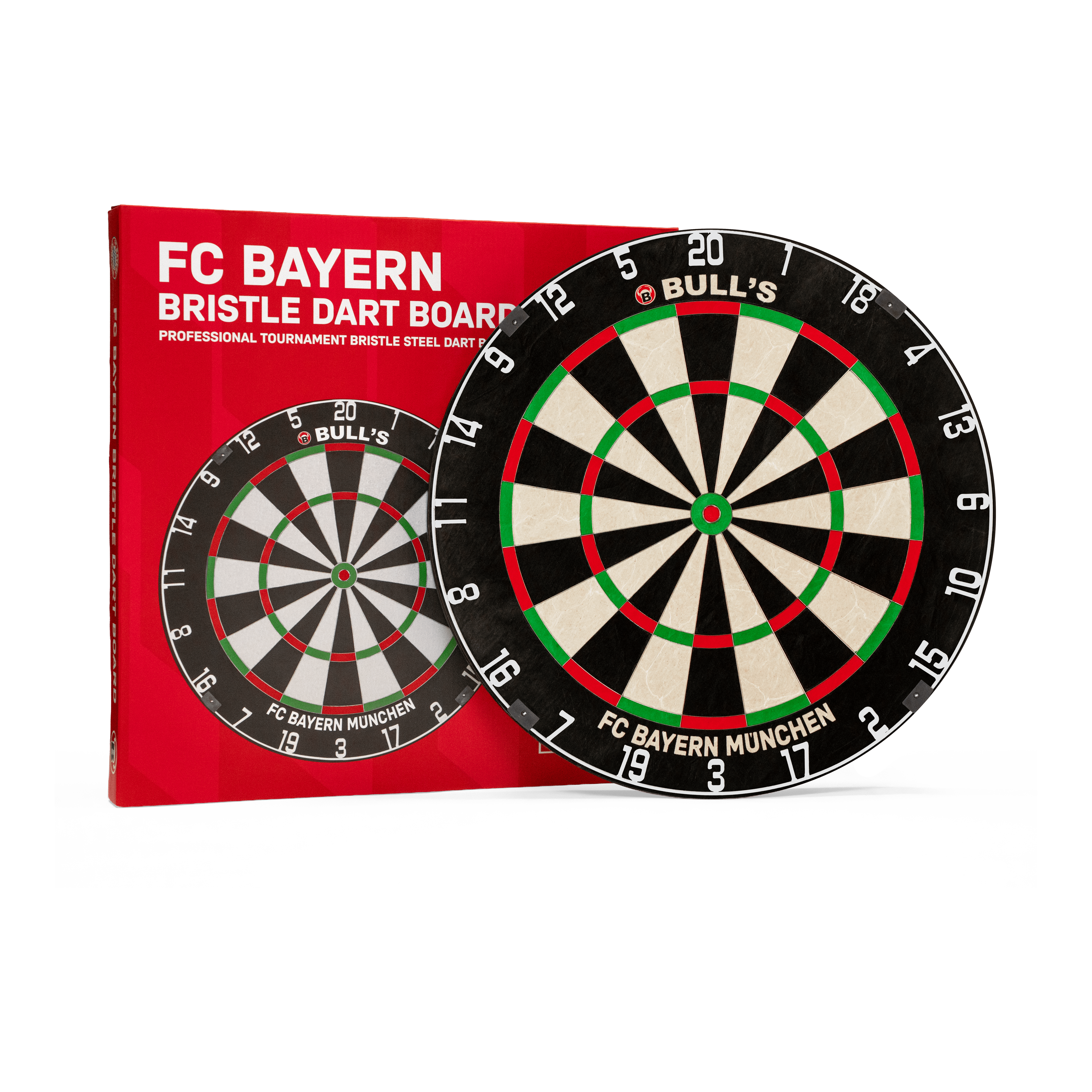 Das Bild präsentiert das Bulls FC Bayern München Bristle Steeldartboard. Es handelt sich um ein Steeldartboard mit FC Bayern München Logo.