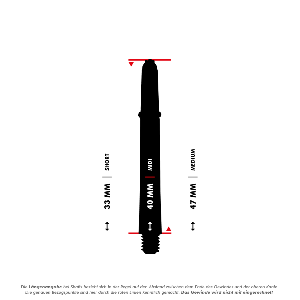 HR383_Harrows_Supergrip_Ignite_Shafts_5_40mm2TqES40u8drDY Das Bild zeigt die Harrows Supergrip Ignite Shafts in der Farbe Clear. Es werden die drei verfügbaren Längen Short (33 mm), Midi (40 mm) und Medium (47 mm) dargestellt.