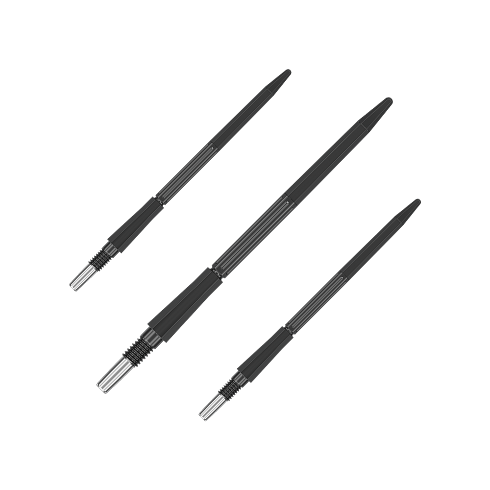 Target Elysian Archetype 43 Swiss Point Steeldartspitzen - Schwarz Das Bild zeigt ein Set schwarzer Dartspitzen mit einer Länge von 42 mm. Sie eignen sich für Dartspieler.