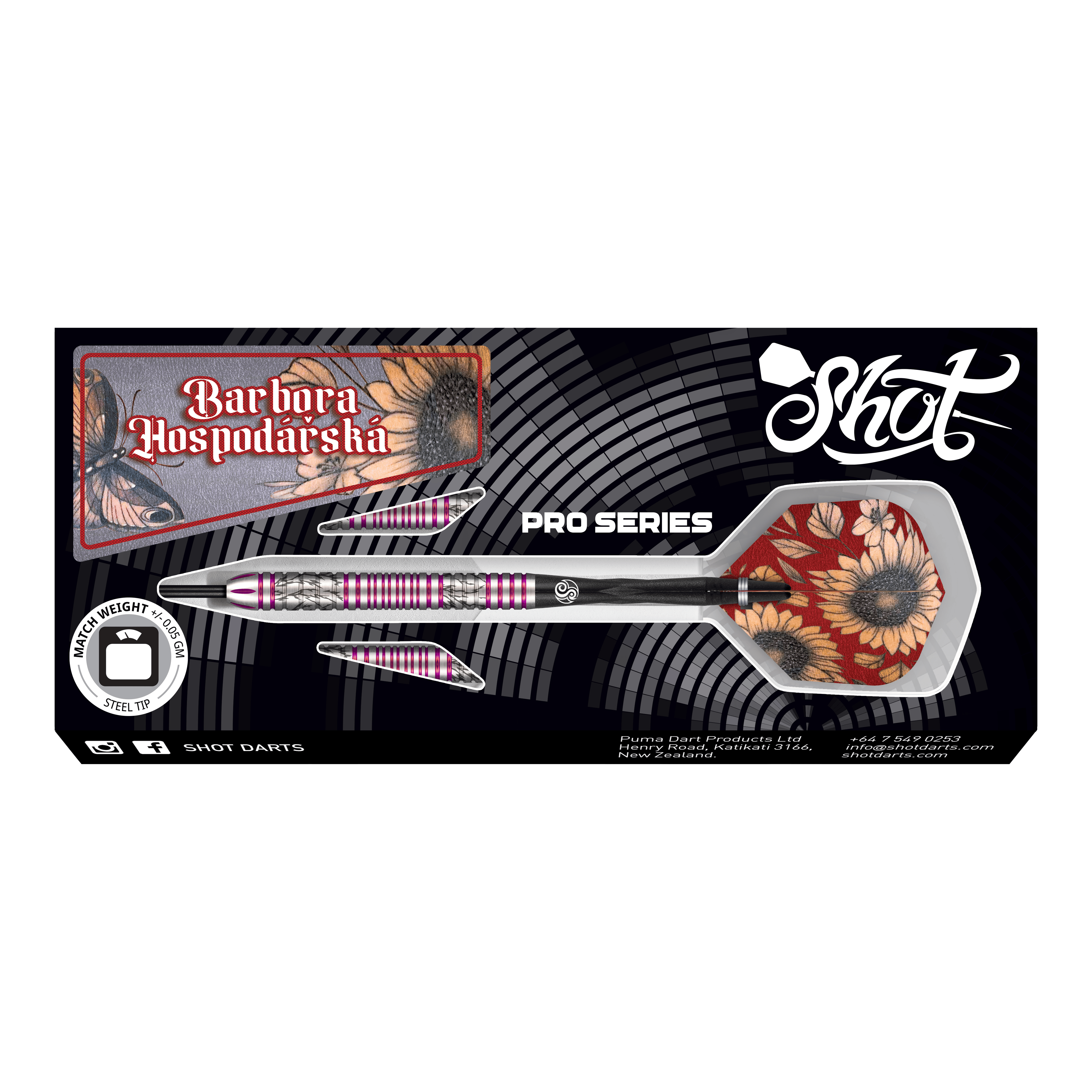 Shot Pro Series Barbora Hospodarska 2 Dardos de acero - 23g Das Bild zeigt das Produkt "Shot Pro Series Barora Hospodarska Steeldarts - 23g". Die Darts haben ein auffälliges Design mit Blumenmuster und sind für professionelle Spieler geeignet.