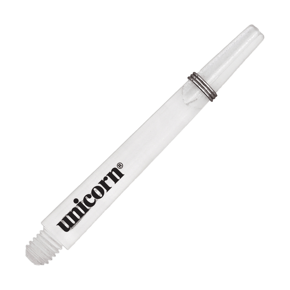 Unicorn Gripper 3 Mirage Shafts - Trasparente - 44,2 mm Das Bild zeigt einen klaren Unicorn Gripper 3 Mirage Shaft mit einer Länge von 44,2 mm. Auf dem Schaft ist das Wort "unicorn" aufgedruckt.