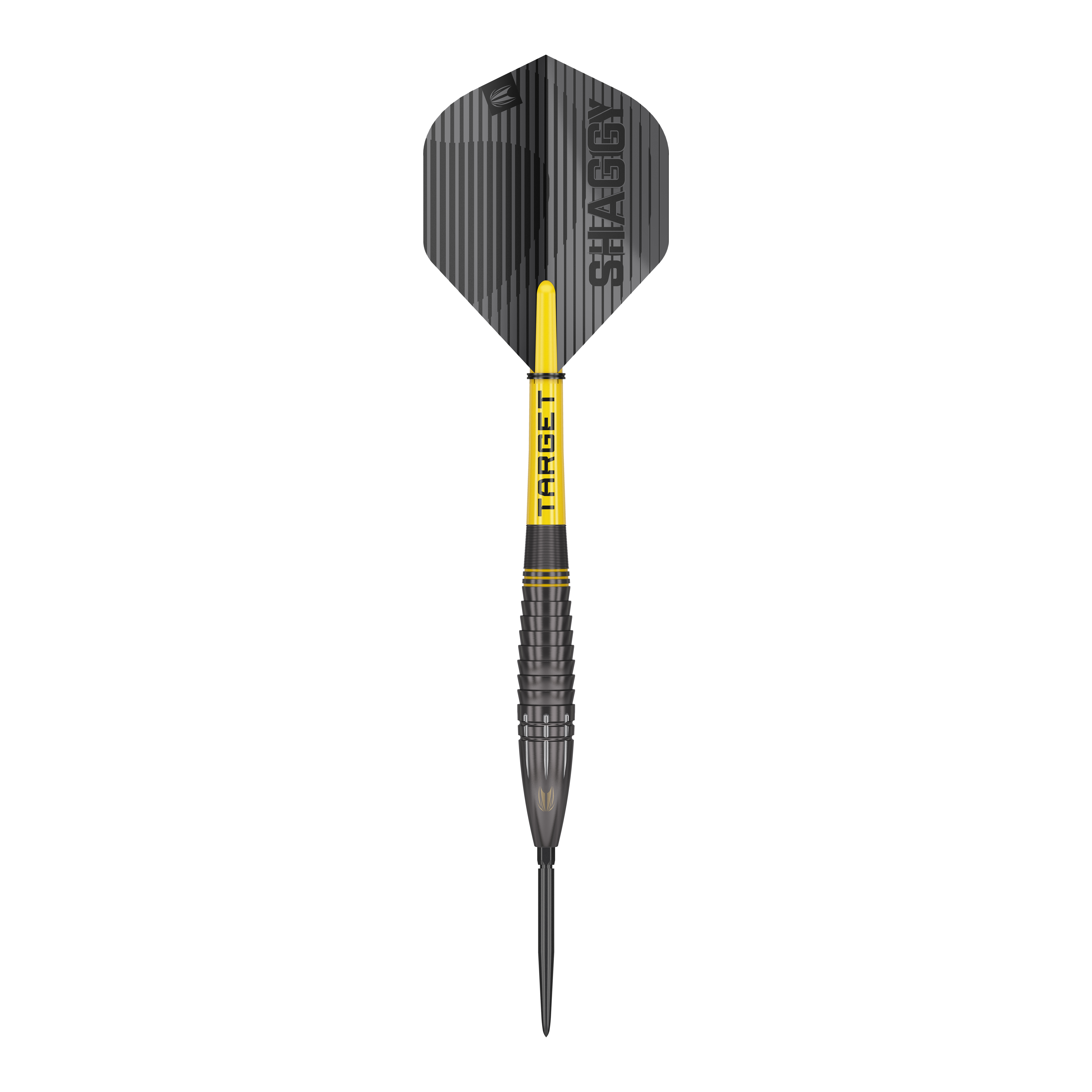 Dardos de acero Target Scott Williams Shaggy Black Swiss Point Dies ist ein Target Scott Williams Shaggy Black Swiss Point Steeldart. Der Dart hat ein schwarzes Design mit gelben Akzenten und der Aufschrift "SHAGGY" auf dem Flight.