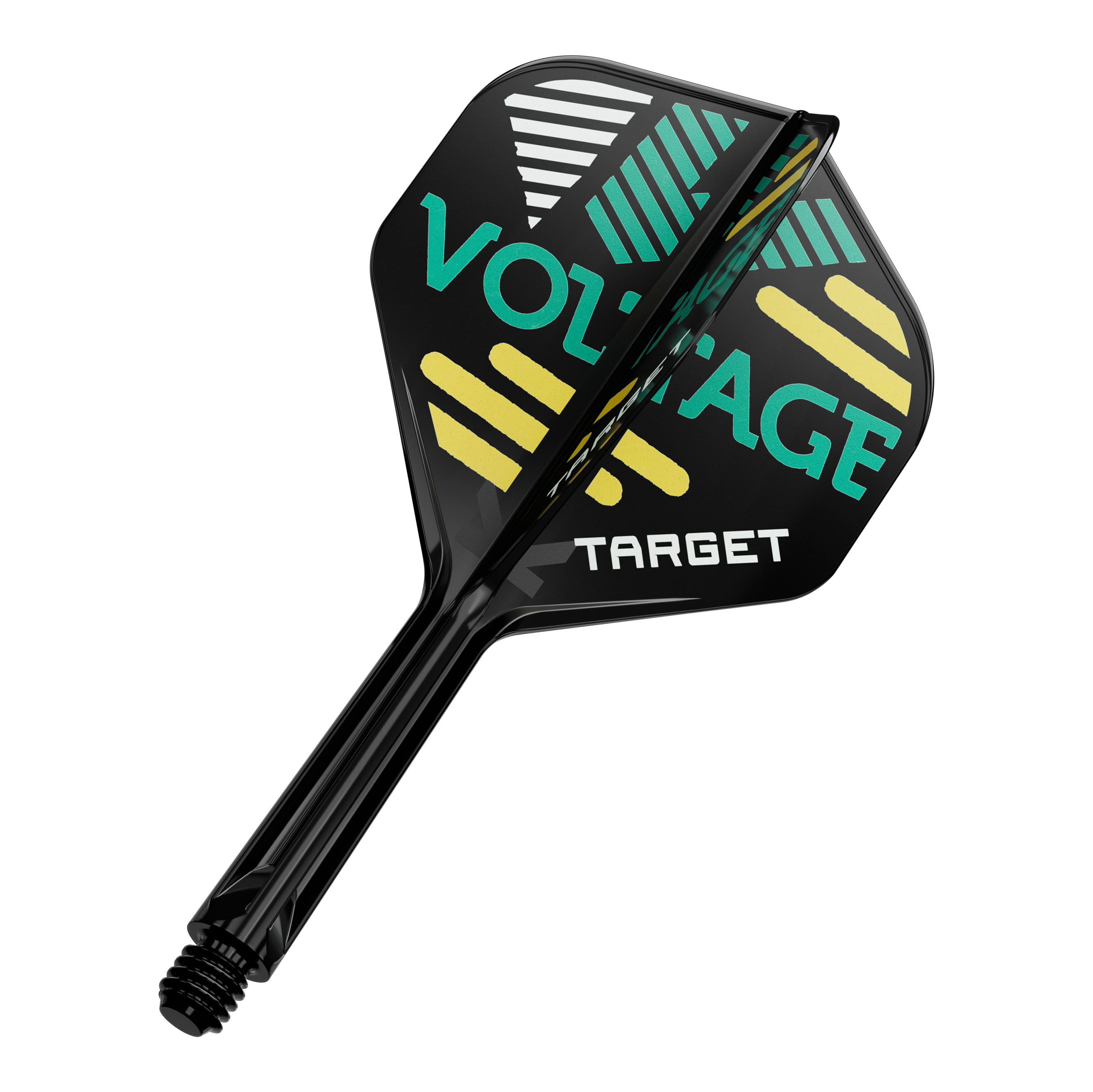 Target K-Flex Rob Cross No2 Standard Flight-Shaft-System Auf dem Bild ist ein Dart-Flügel mit Schaft zu sehen. Auf dem schwarzen Flügel steht in grüner und gelber Schrift „VOLTAGE“ und „TARGET“.