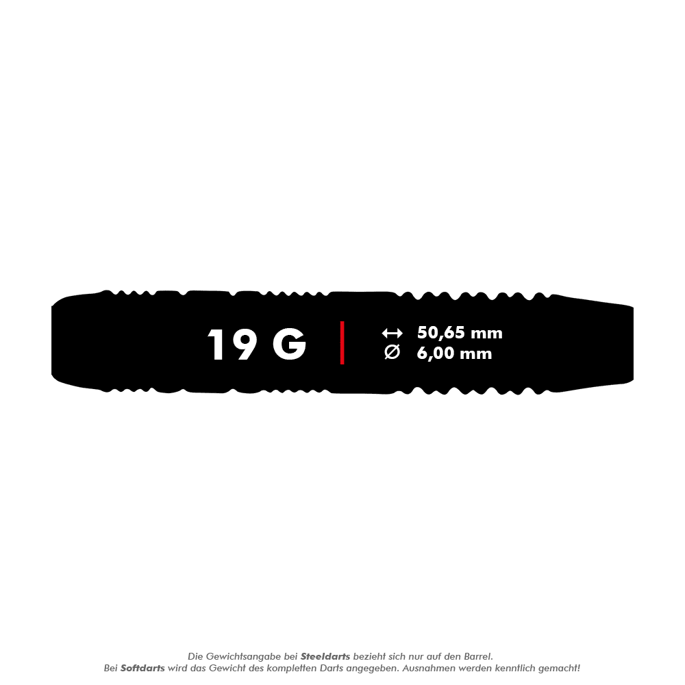 Šipky Unicorn Core Plus pogumované růžové - 19g Das Bild zeigt die Produktdetails der "Unicorn Core Plus Rubberised Pink Softdarts - 19g". Die Darts wiegen 19 Gramm und haben eine Länge von 50,65 mm sowie einen Durchmesser von 6,00 mm.