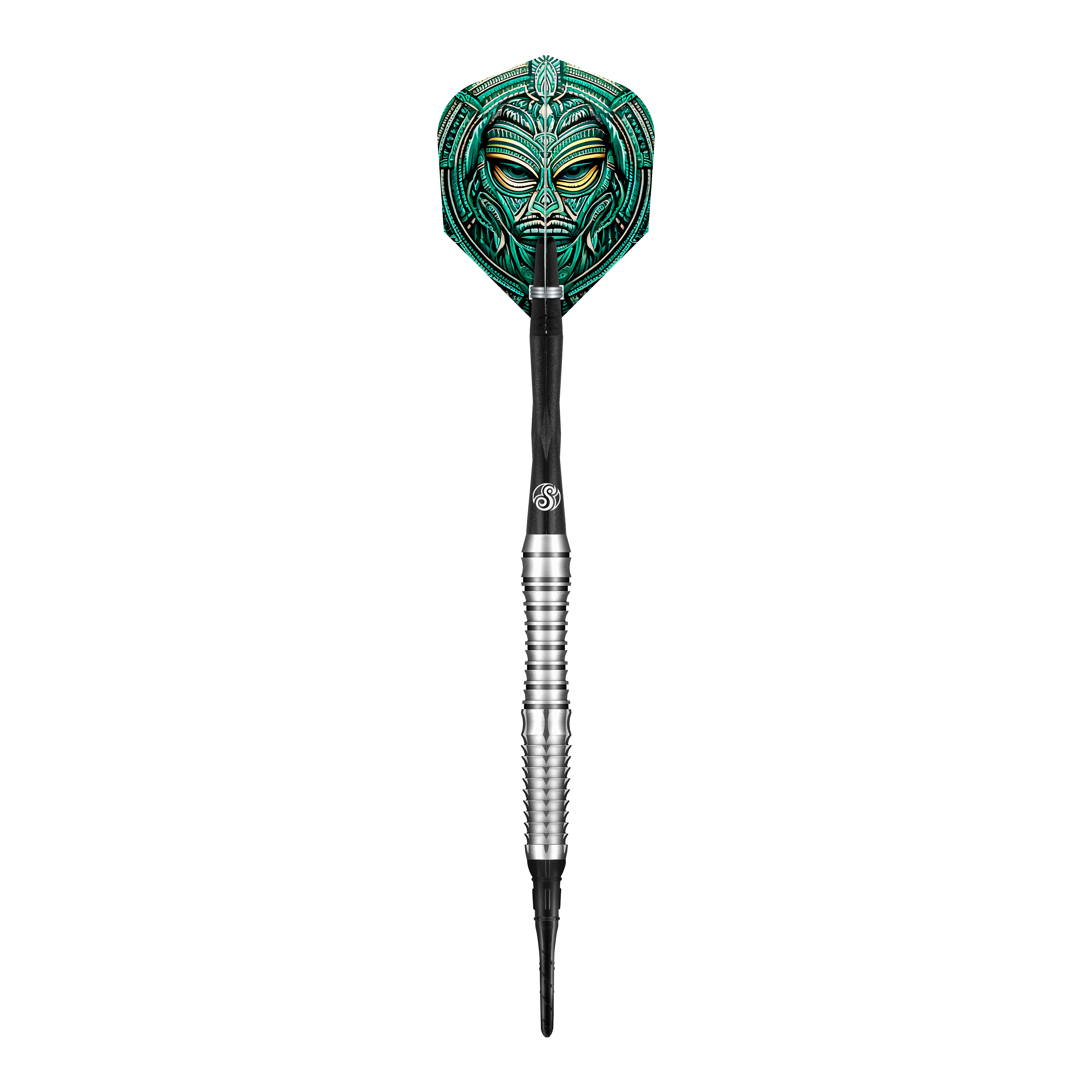Shot Tribal Weapon Toki freccette morbide Das Bild zeigt einen Shot Tribal Weapon Toki Softdart. Die Dartflügel sind mit einem auffälligen, grünen Stammesdesign verziert.