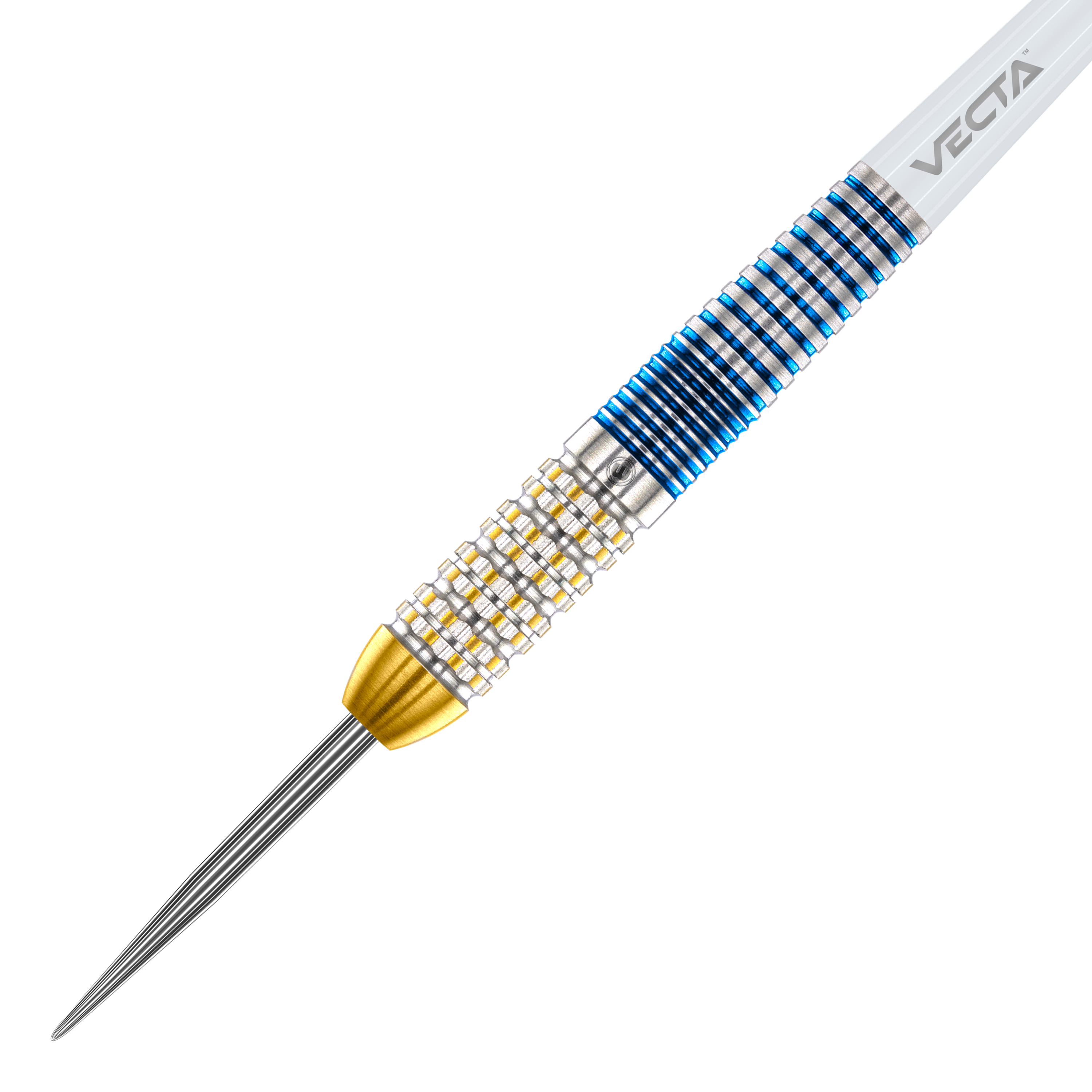 Dardos de acero Winmau Steve Beaton Legend Series Das Bild zeigt einen Winmau Steve Beaton Legend Series Steeldart. Der Dart hat ein silbernes, goldfarbenes und blaues Design mit einer strukturierten Griffzone.