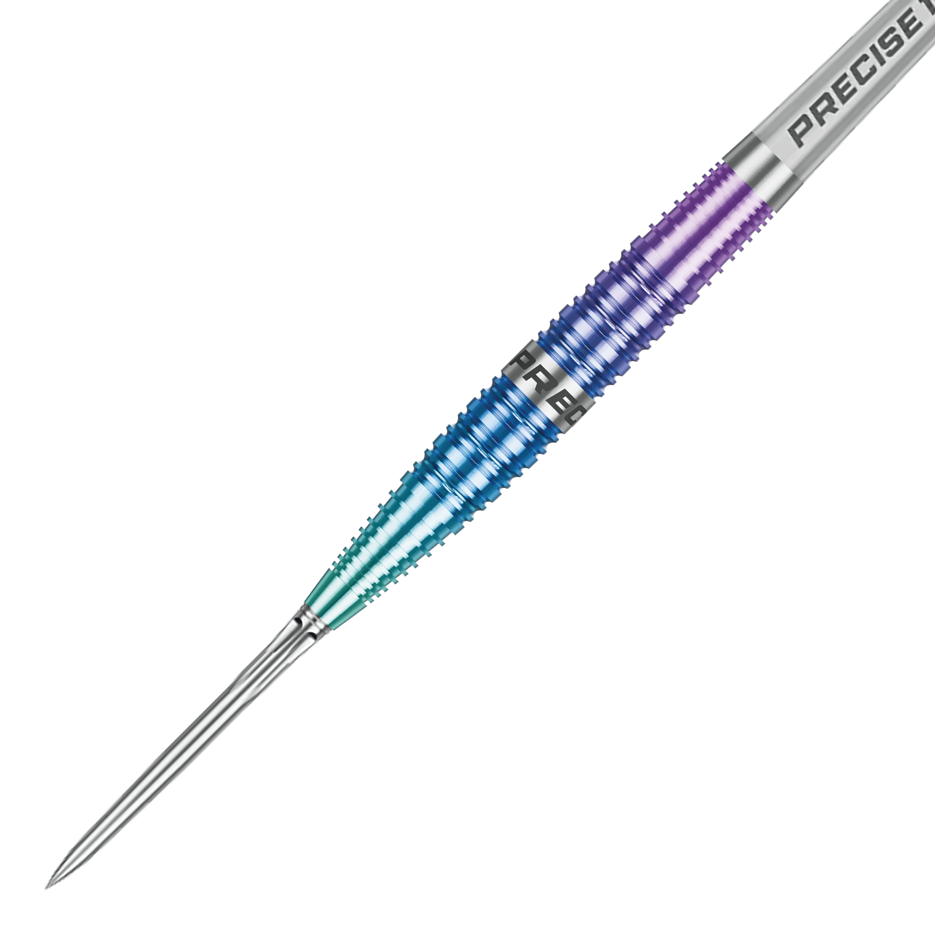 Dardos de acero Precise 180 Northern Lights Das Bild zeigt einen weiteren Blick auf die Precise 180 Northern Lights Steeldarts. Die Farben und die Form der Darts sind deutlich erkennbar.