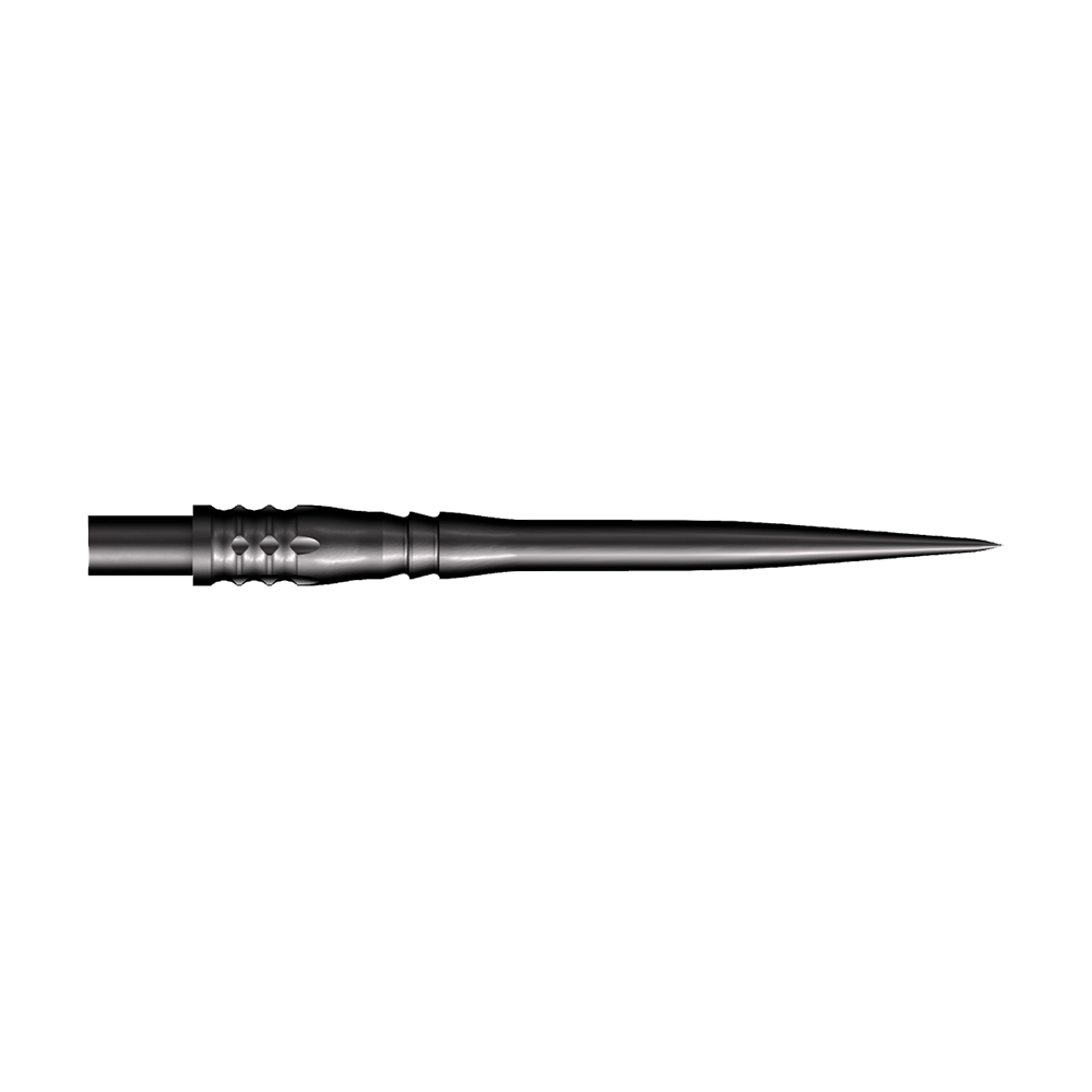 Das Bild zeigt eine schwarze Steeldart-Spitze mit einer Länge von 35 mm. Die Spitze hat ein schlankes, spitz zulaufendes Design und strukturierte Rillen am Schaft.