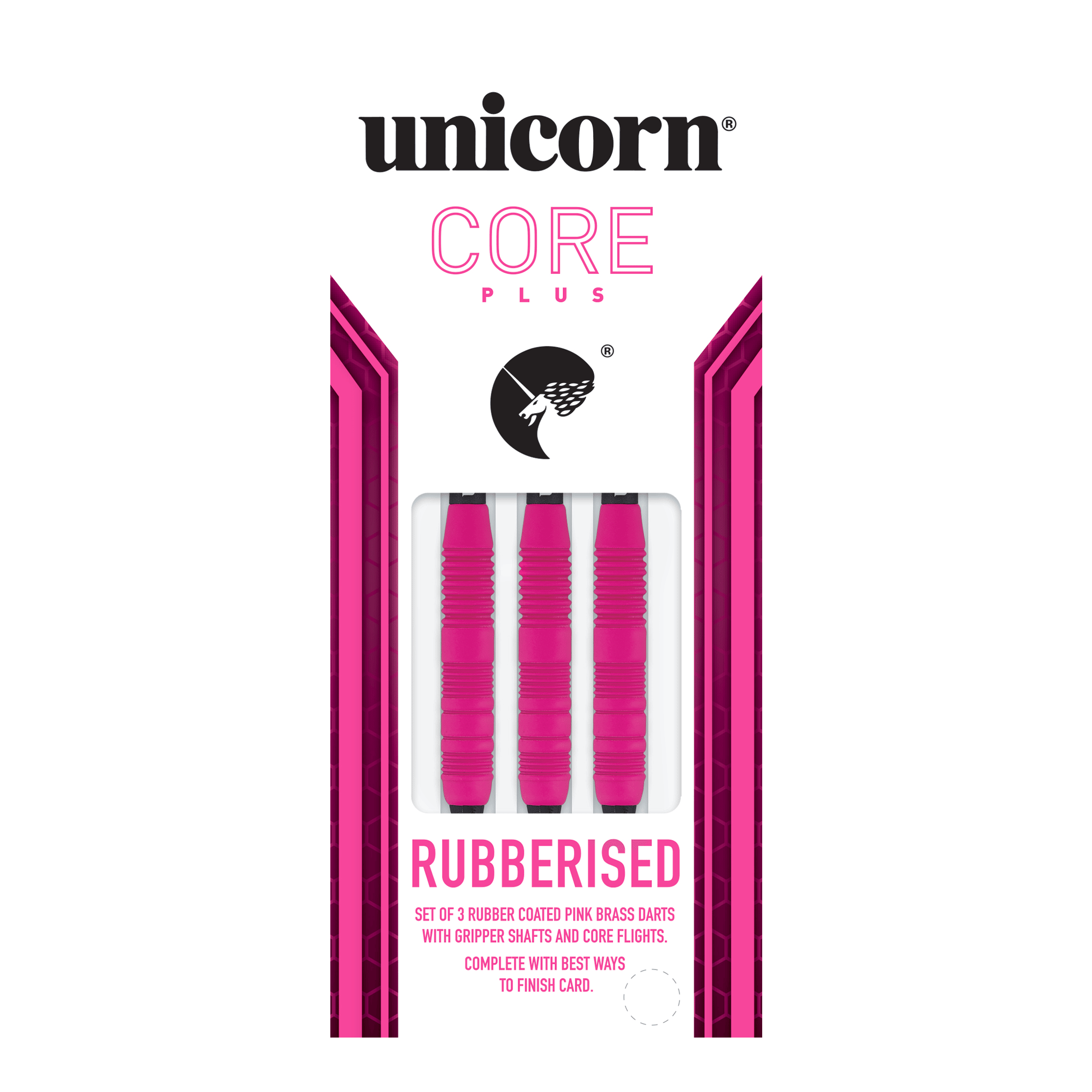 Šipky Unicorn Core Plus pogumované růžové - 19g Das Bild zeigt eine Packung der "Unicorn Core Plus Rubberised Pink Softdarts - 19g". In der Verpackung befinden sich drei pinke, gummierte Softdarts.