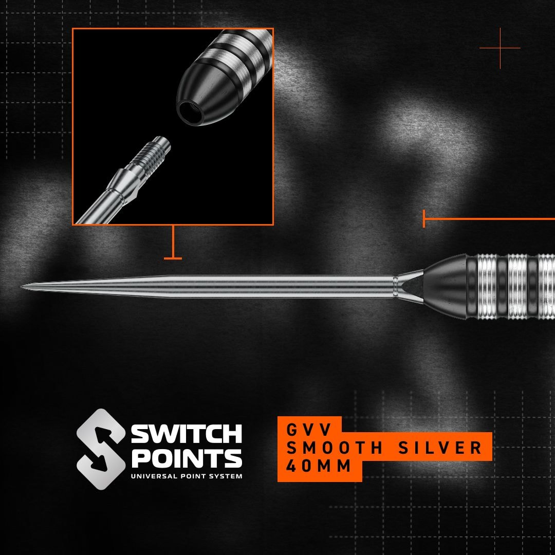 Winmau Gian Van Veen TS Switch Point Steeldarts Zu sehen ist Winmau Gian Van Veen TS Switch Point Steeldarts. Die Darts liegen nebeneinander auf einer hellen Fläche.