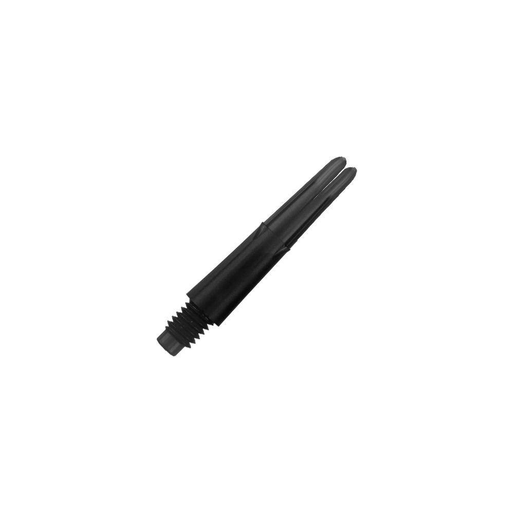 Das Bild zeigt einen schwarzen geraden Shafts für Darts mit Gewinde am unteren Ende. Er ist ohne Kappen und hat eine Länge von 26 mm.