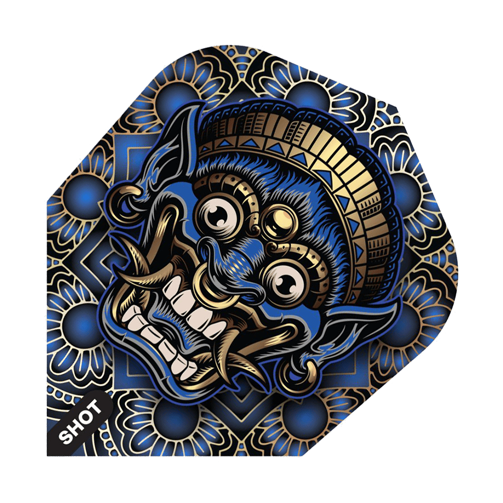 Shot Tribal Weapon Java No6 Flights Das Bild zeigt ein Dart-Flight mit einem farbenfrohen, traditionellen Tribal-Design in Blau, Gold und Schwarz. Das auffällige Motiv stellt eine stilisierte, furchteinflößende Maske dar.
