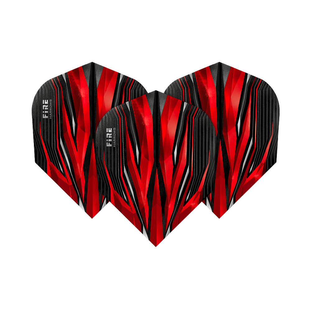 HR1_Harrows_Fire_Red_Standard_Flights_1YMsUHvlkPnKp9 Das Bild zeigt drei Harrows Fire Red Standard Flights. Die Flights haben ein auffälliges, rot-schwarzes Design mit weißen Akzenten.