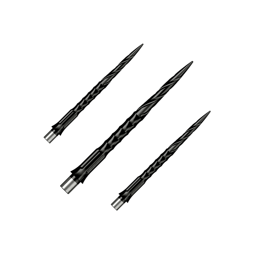 Pointes de fléchettes en acier Caliburn System - Spiro - Sans rebord - Noires Gezeigt wird ein Set von Steeldartspitzen Caliburn Evo System Spiro NoLip Black, 36mm. Die Spitzen sind für Steeldarts geeignet und schwarz gefärbt.