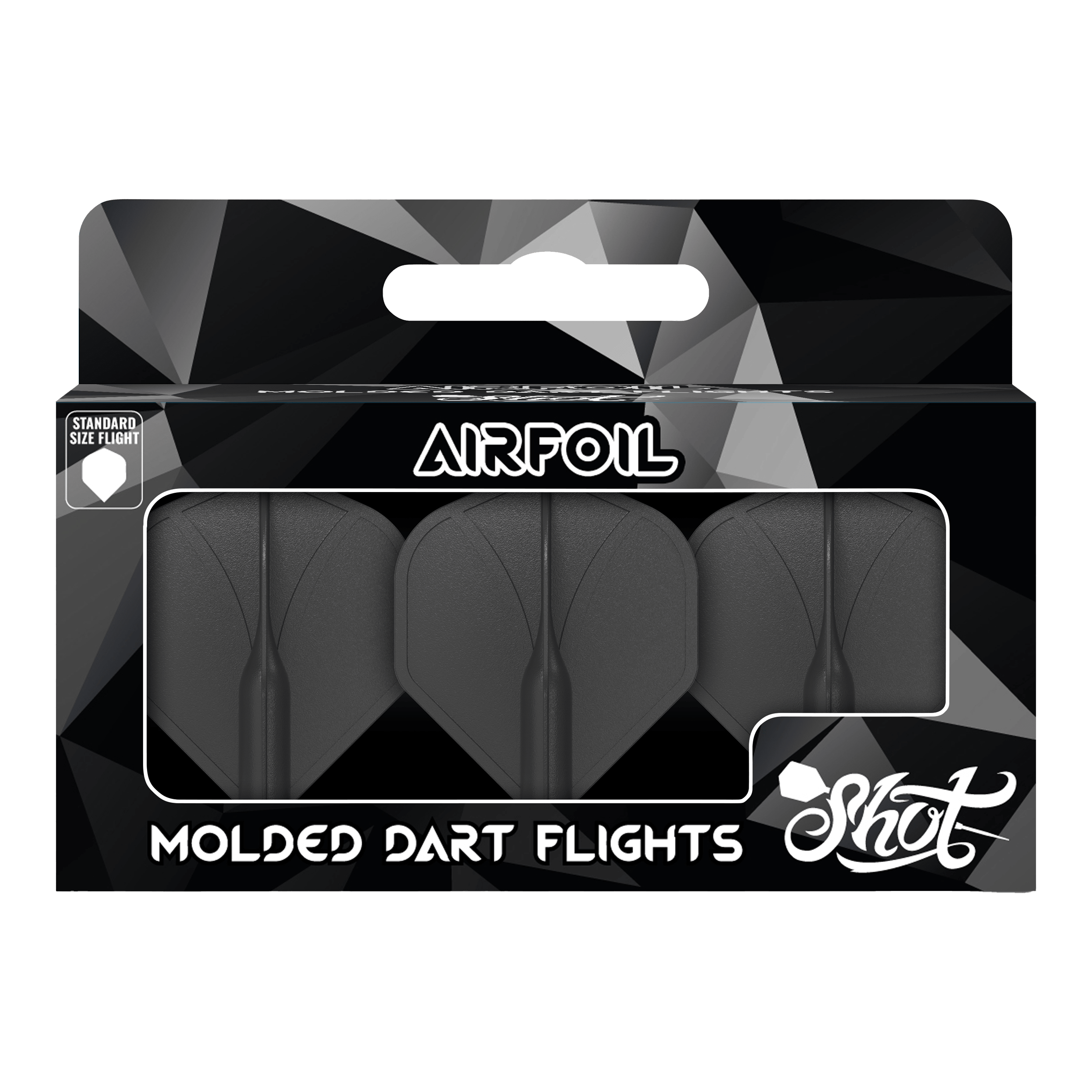 Standardní letky Shot Airfoil Molded No2 Auf dem Bild ist eine Packung mit drei schwarzen, geformten Dartflights zu sehen. Die Verpackung trägt die Aufschrift „Airfoil“ und „Molded Dart Flights“ der Marke Shot.
