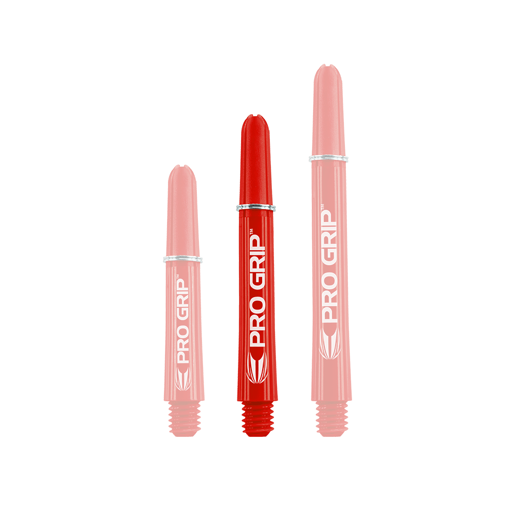 Target Pro Grip Shafts - 3 Sets - Red Das Bild zeigt drei rote "Pro Grip" Shafts für Dartpfeile in unterschiedlichen Längen. Alle drei Shafts haben die weiße Aufschrift "PRO GRIP" und ein Logo.