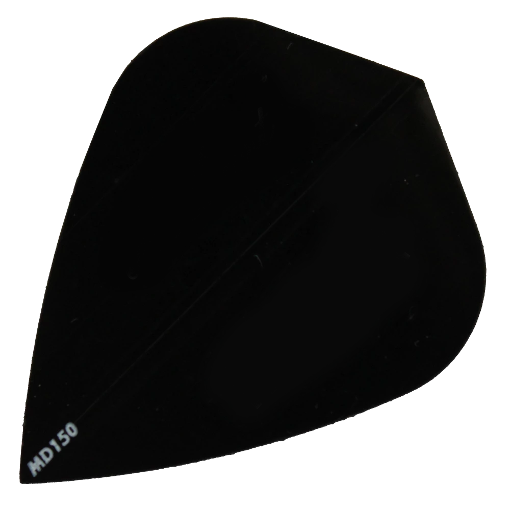 MD150-Kite-Schwarz Das Bild zeigt das Produkt "McDart MD150 - Kite Flight". Es handelt sich um ein schwarzes Dartflight in Form eines Drachens mit der Aufschrift "MD150" in der Ecke.