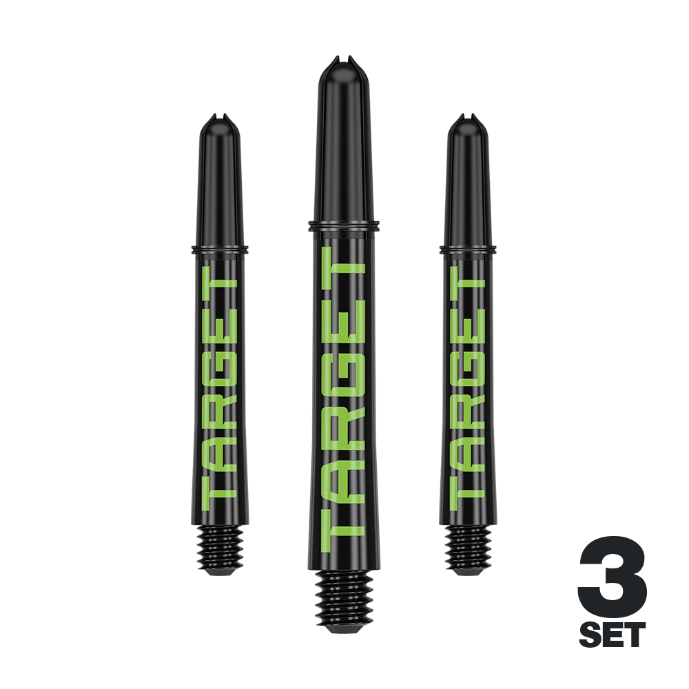 Tiges Target Pro Grip TAG - 3 jeux - Noir Vert Das Bild zeigt drei schwarze Dart-Schäfte mit grünem Schriftzug "TARGET". Unten rechts steht "3 SET", was auf ein Set von drei Stück hinweist.