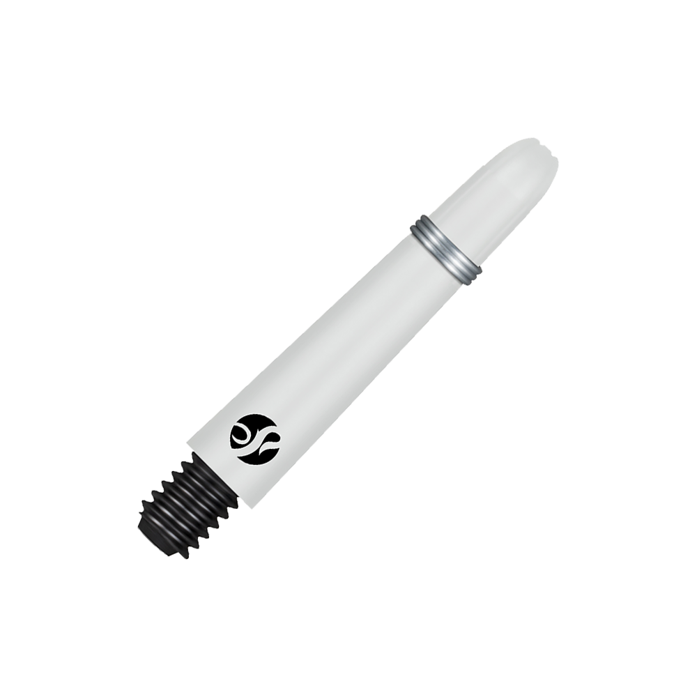 Shot Koi Carbon Shafts - Bianco Das Bild zeigt einen weißen Carbon-Schraubschaft mit einem schwarzen Gewinde. Auf dem Schaft ist ein kleines schwarzes Logo zu sehen.