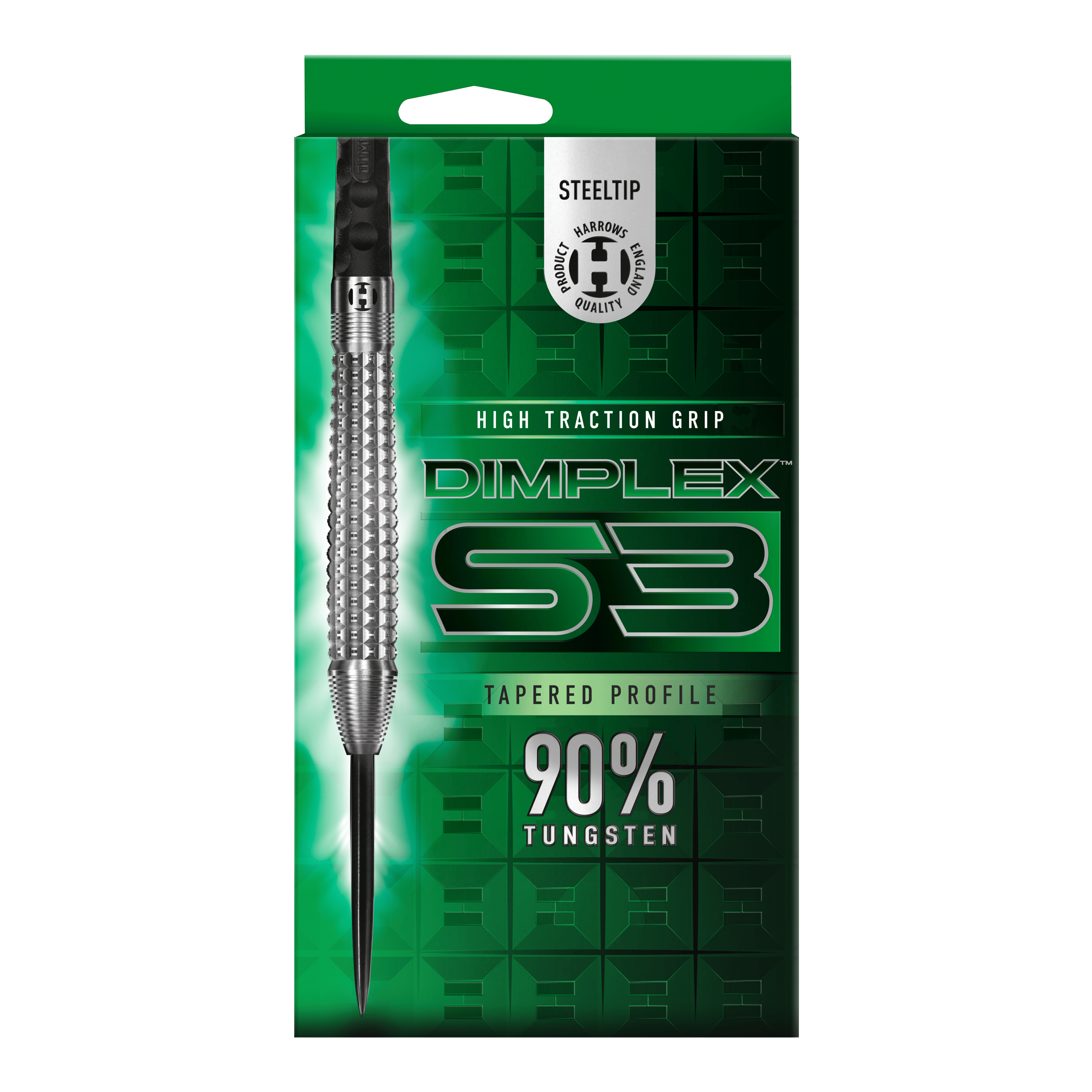 Šipky Harrows Dimplex S3 Tapered Steel Mehrere Harrows Dimplex S3 Tapered Steeldarts sind aus verschiedenen Blickwinkeln zu sehen. Die Darts sind farbig gestaltet.
